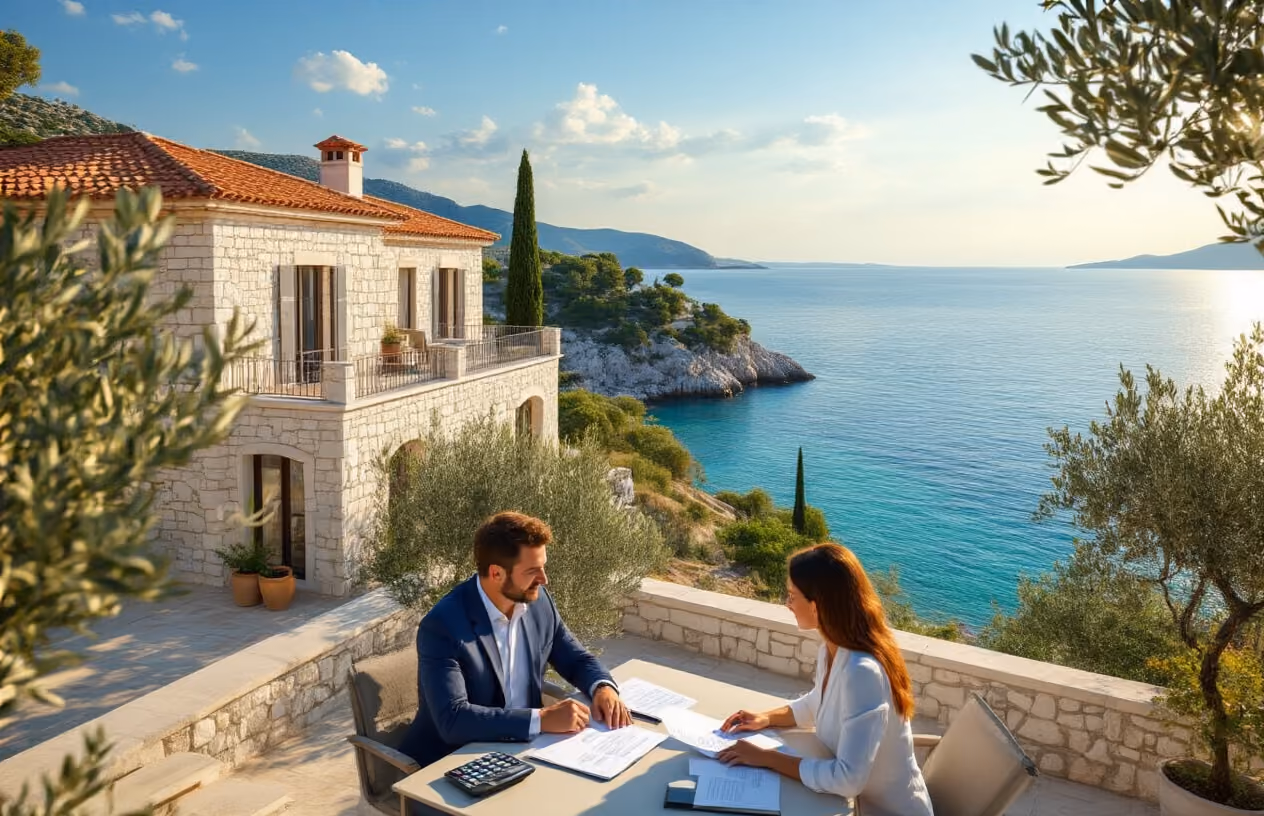 Create a realistic image of a modern Croatian coastal villa with Mediterranean architecture featuring terracotta roof tiles and white stone walls, positioned on a hillside overlooking the azure Adriatic Sea, with a professional-looking white male in business attire and a white female reviewing documents together on a sunny terrace, surrounded by olive trees and cypress trees, golden hour lighting creating warm shadows, calculator and property papers visible on a outdoor table, peaceful and confident atmosphere suggesting successful property investment decision-making, clear blue sky with few clouds, absolutely NO text should be in the scene.