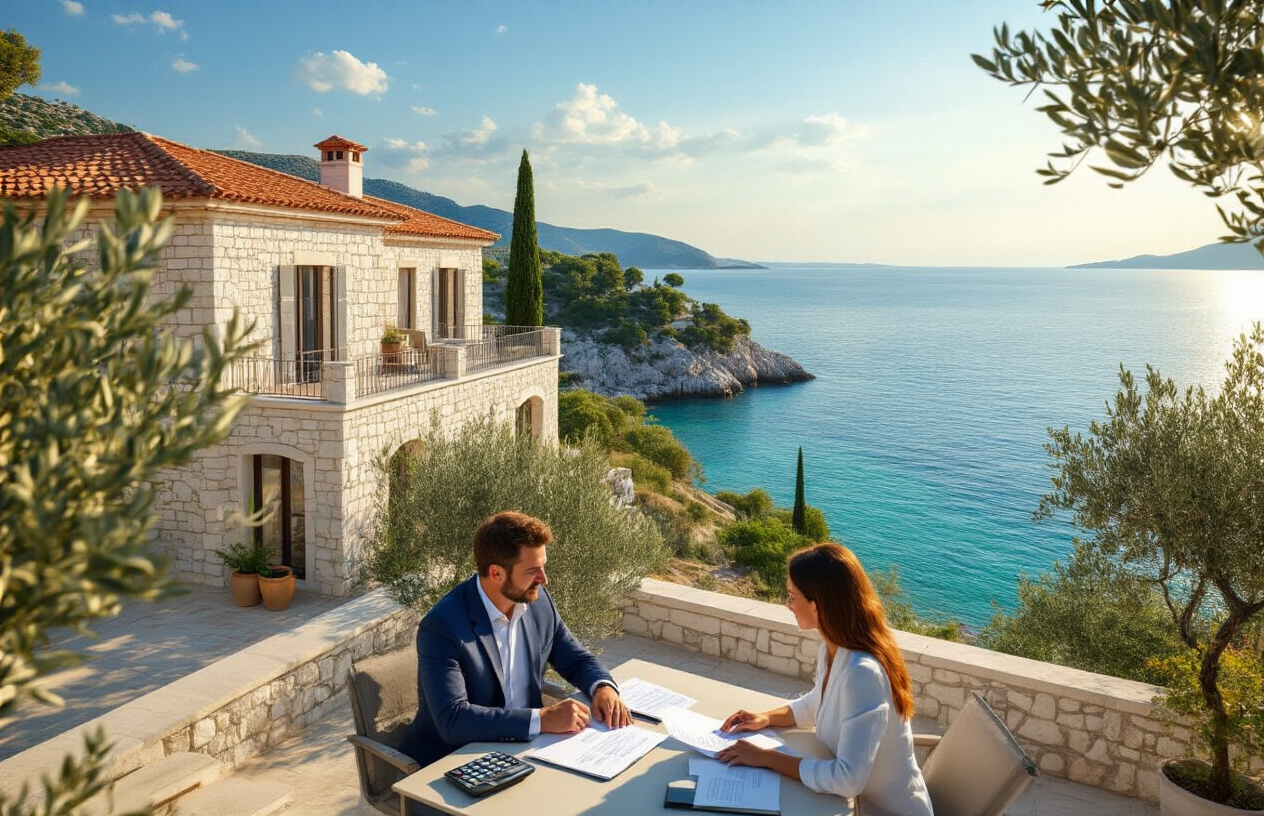 Create a realistic image of a modern Croatian coastal villa with Mediterranean architecture featuring terracotta roof tiles and white stone walls, positioned on a hillside overlooking the azure Adriatic Sea, with a professional-looking white male in business attire and a white female reviewing documents together on a sunny terrace, surrounded by olive trees and cypress trees, golden hour lighting creating warm shadows, calculator and property papers visible on a outdoor table, peaceful and confident atmosphere suggesting successful property investment decision-making, clear blue sky with few clouds, absolutely NO text should be in the scene.