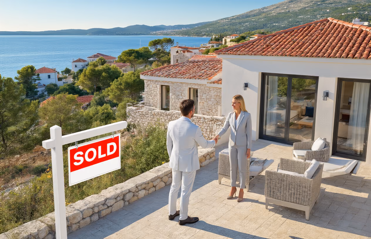 Create a realistic image of a modern Croatian coastal property with a "SOLD" sign in the foreground, showing a beautiful Mediterranean villa with stone and white stucco exterior, red tile roof, overlooking the azure Adriatic Sea, with a white male real estate agent in a business suit shaking hands with a white female client in professional attire on the property's terrace, sunlit scene with clear blue skies, lush greenery, and other upscale properties visible in the background suggesting a thriving real estate market, warm golden hour lighting creating an optimistic and successful atmosphere, absolutely NO text should be in the scene.
