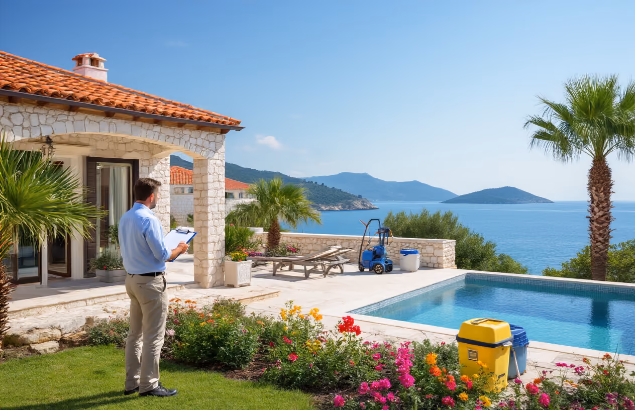Create a realistic image of a beautiful Croatian coastal property with a Mediterranean villa featuring terracotta roof tiles and white stone walls, surrounded by well-maintained gardens with palm trees and colorful flowers, showing a white male property manager in casual business attire inspecting the outdoor pool area while holding a clipboard, with maintenance tools and cleaning equipment visible nearby, set against a backdrop of the azure Adriatic Sea and distant islands under bright Mediterranean sunshine, conveying professional property care and luxury vacation home management, absolutely NO text should be in the scene.