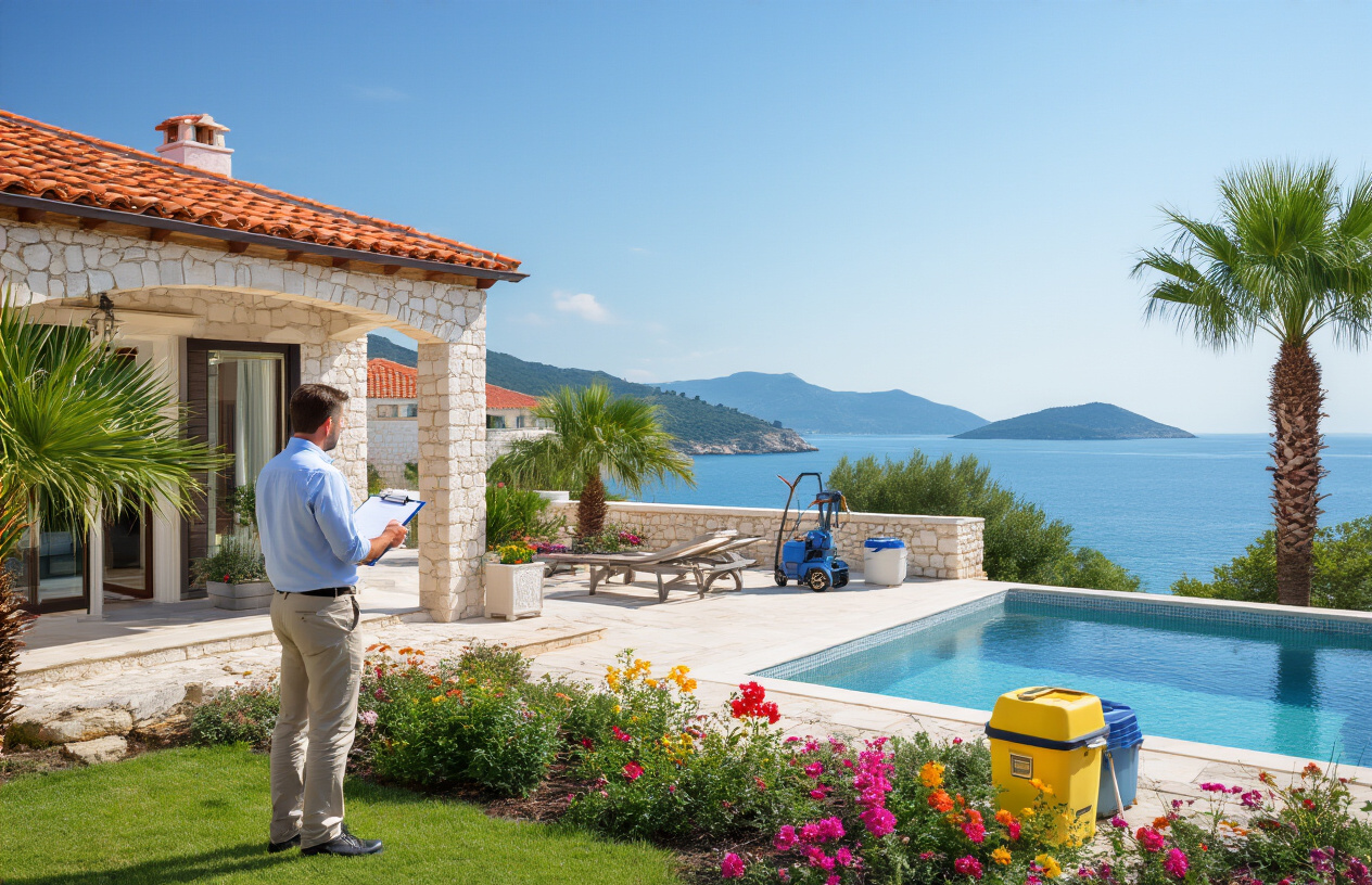 Create a realistic image of a beautiful Croatian coastal property with a Mediterranean villa featuring terracotta roof tiles and white stone walls, surrounded by well-maintained gardens with palm trees and colorful flowers, showing a white male property manager in casual business attire inspecting the outdoor pool area while holding a clipboard, with maintenance tools and cleaning equipment visible nearby, set against a backdrop of the azure Adriatic Sea and distant islands under bright Mediterranean sunshine, conveying professional property care and luxury vacation home management, absolutely NO text should be in the scene.