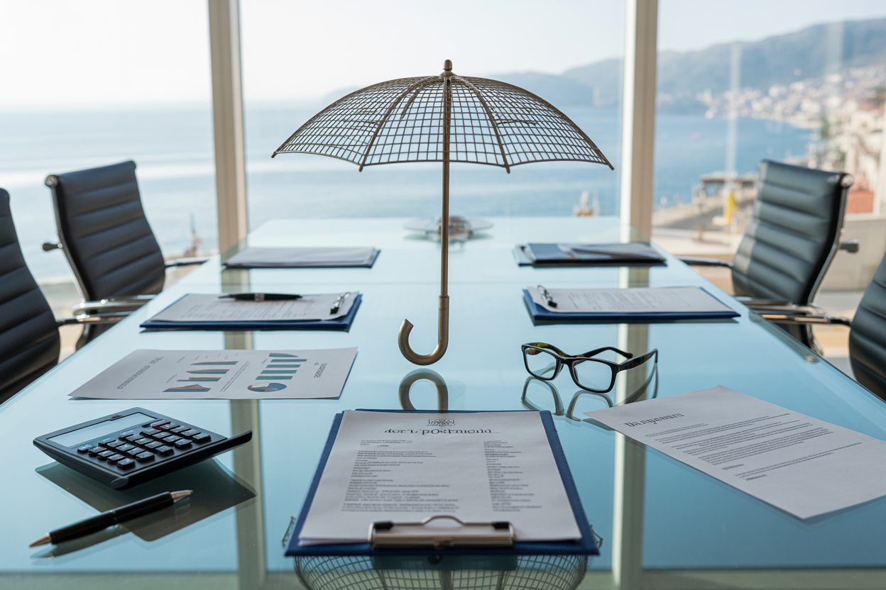 Create a realistic image of a modern glass conference table with financial documents, property investment charts, and legal contracts spread across its surface, featuring a protective umbrella symbol made of metal placed as a centerpiece, with a calculator, pen, and reading glasses nearby, set in a bright professional office environment with large windows showing a blurred Croatian coastal cityscape in the background, captured with natural daylight creating a clean and trustworthy atmosphere, absolutely NO text should be in the scene.