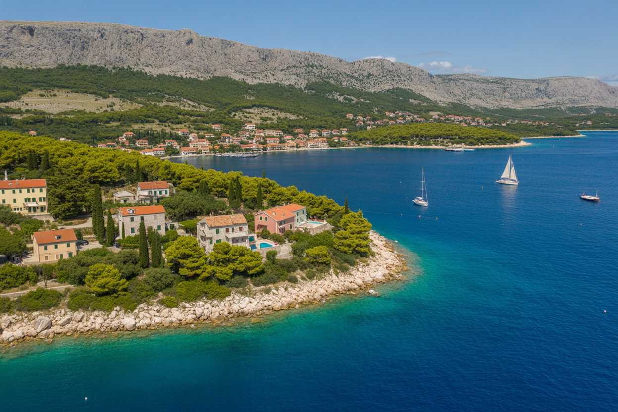 Create a realistic image of a stunning aerial view of Croatia's coastline showcasing prime real estate investment regions, featuring luxurious waterfront properties and villas nestled along the crystal-clear Adriatic Sea, with terracotta-roofed buildings scattered across green hillsides, pristine beaches with turquoise waters, small coastal towns and marinas with white sailboats, pine forests meeting the shoreline, and dramatic limestone cliffs under bright Mediterranean sunlight creating a perfect investment paradise atmosphere. Absolutely NO text should be in the scene.