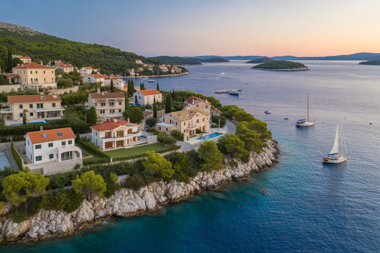 Create a realistic image of a stunning aerial view of Croatian coastline featuring multiple luxury properties including modern villas and traditional stone houses nestled along crystal-clear turquoise Adriatic Sea waters, with terracotta-roofed buildings scattered across green hillsides, a picturesque harbor with white sailboats, and distant islands visible on the horizon under warm golden hour lighting that creates a peaceful and prosperous investment atmosphere, absolutely NO text should be in the scene.