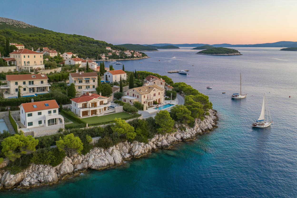 Create a realistic image of a stunning aerial view of Croatian coastline featuring multiple luxury properties including modern villas and traditional stone houses nestled along crystal-clear turquoise Adriatic Sea waters, with terracotta-roofed buildings scattered across green hillsides, a picturesque harbor with white sailboats, and distant islands visible on the horizon under warm golden hour lighting that creates a peaceful and prosperous investment atmosphere, absolutely NO text should be in the scene.