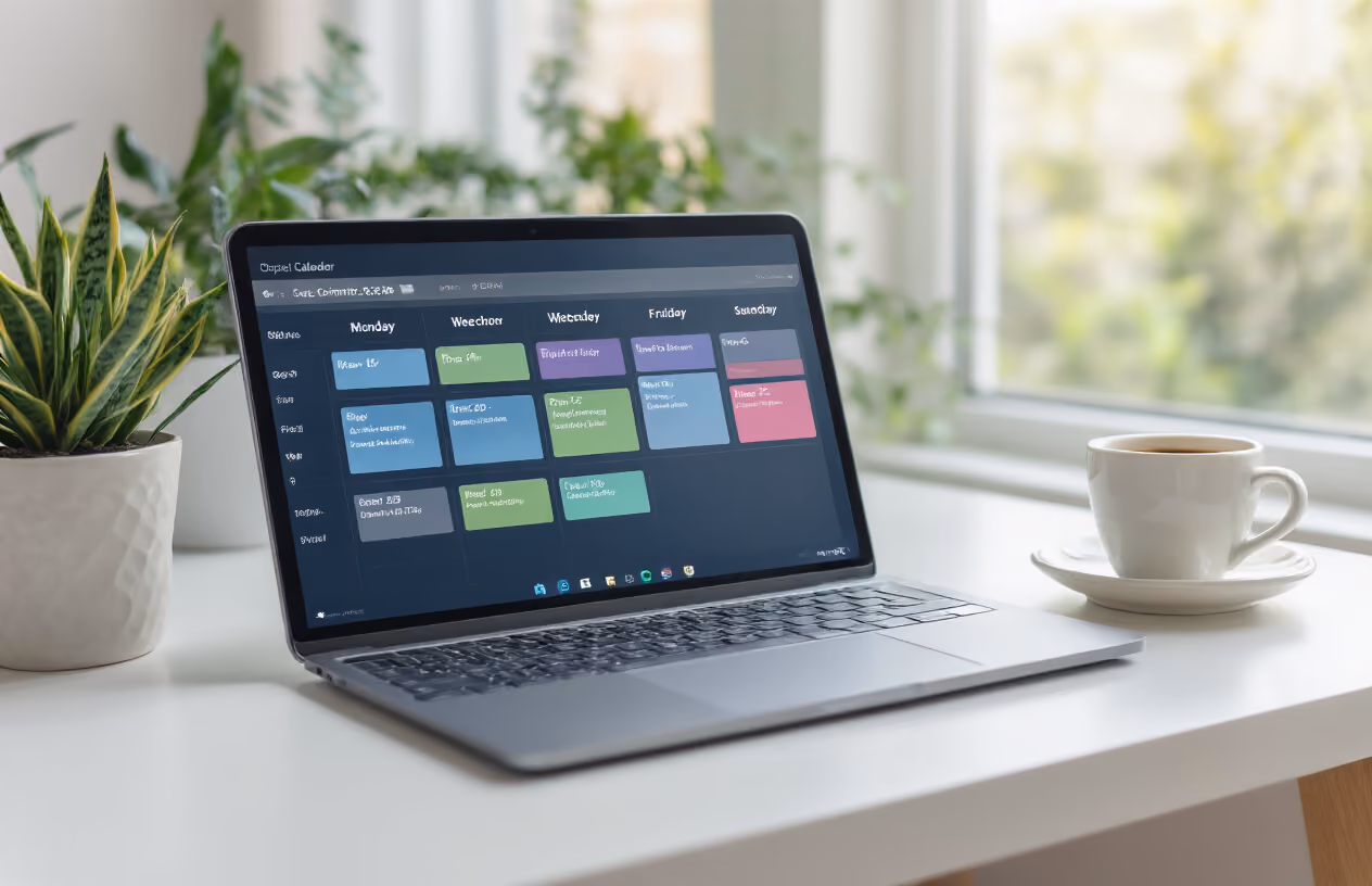 Create a realistic image of a modern digital calendar interface displayed on a sleek tablet or laptop screen showing a monthly vacation scheduling grid with different colored blocks representing various co-owners' reserved time periods, placed on a clean white desk next to a small potted plant and a cup of coffee, with soft natural lighting from a nearby window creating a professional and organized atmosphere, absolutely NO text should be in the scene.