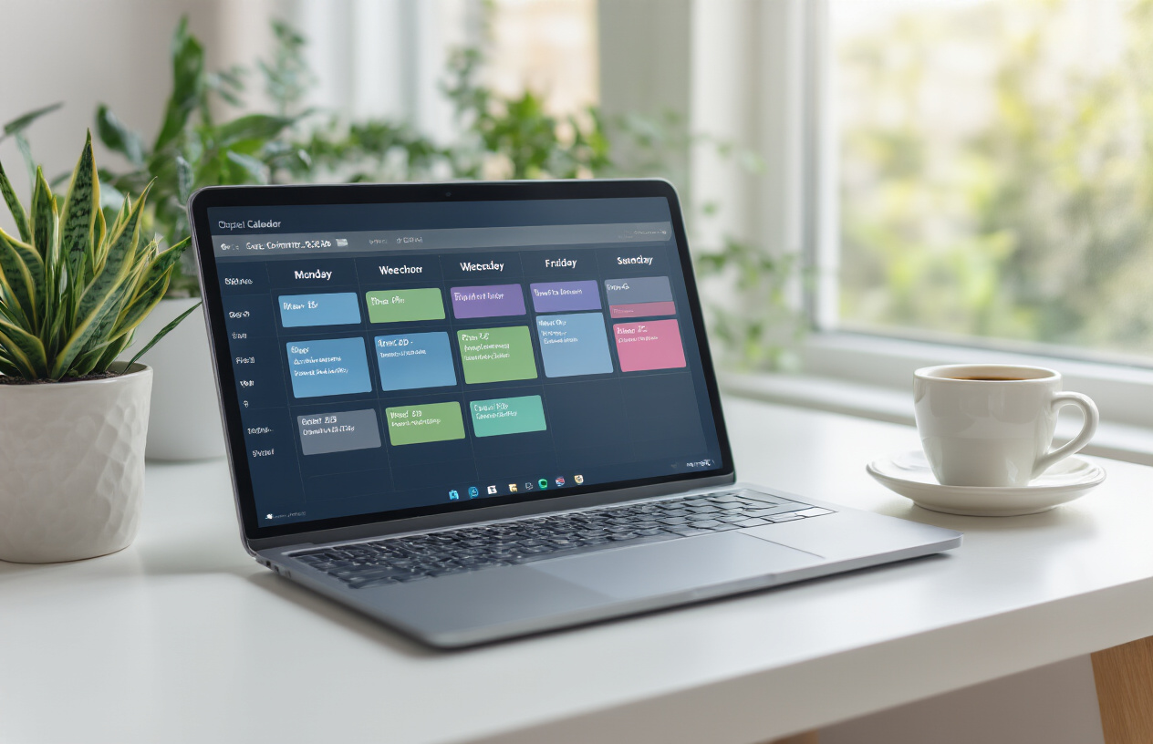 Create a realistic image of a modern digital calendar interface displayed on a sleek tablet or laptop screen showing a monthly vacation scheduling grid with different colored blocks representing various co-owners' reserved time periods, placed on a clean white desk next to a small potted plant and a cup of coffee, with soft natural lighting from a nearby window creating a professional and organized atmosphere, absolutely NO text should be in the scene.