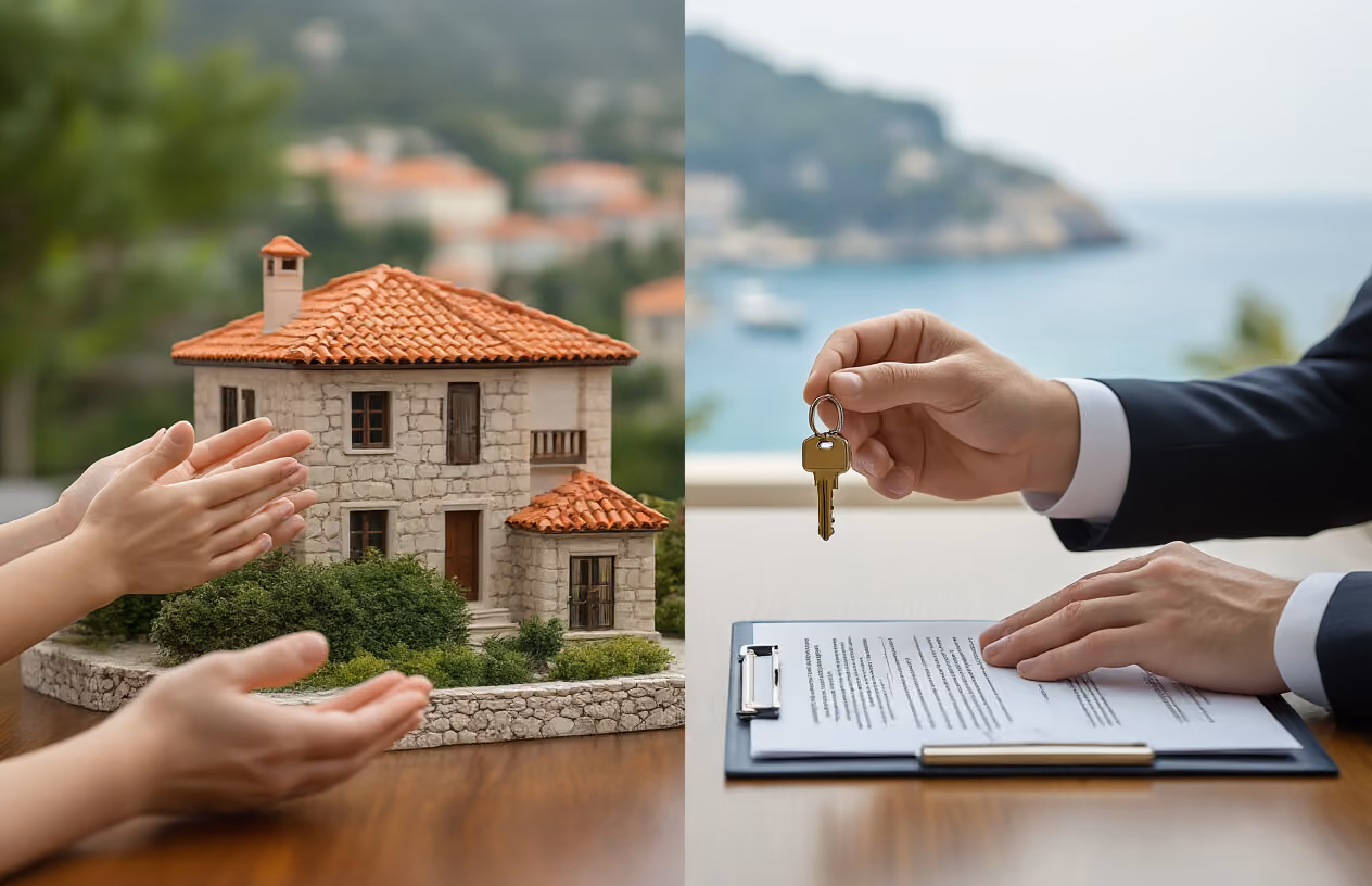 Create a realistic image of a split-screen comparison showing two distinct property investment concepts: on the left side, multiple diverse hands (including white, black, and Asian hands) reaching toward a miniature Croatian coastal villa model with terracotta roof tiles and stone walls, representing co-ownership; on the right side, a single white male hand in a business suit holding house keys next to a traditional property deed folder, representing individual ownership; the scene is set on a polished wooden desk with soft natural lighting from a window, creating a professional consulting atmosphere with the Croatian coastline visible in the blurred background, absolutely NO text should be in the scene.