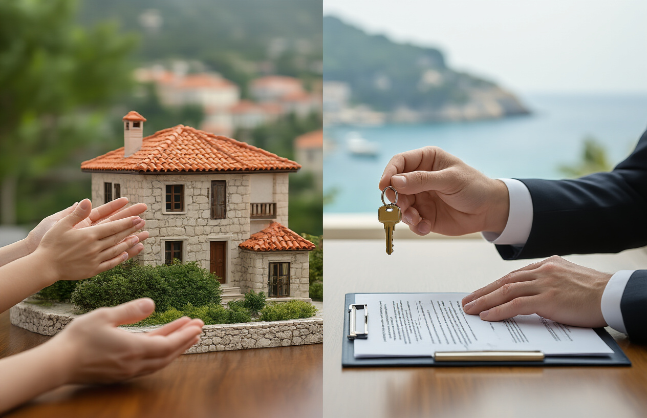 Create a realistic image of a split-screen comparison showing two distinct property investment concepts: on the left side, multiple diverse hands (including white, black, and Asian hands) reaching toward a miniature Croatian coastal villa model with terracotta roof tiles and stone walls, representing co-ownership; on the right side, a single white male hand in a business suit holding house keys next to a traditional property deed folder, representing individual ownership; the scene is set on a polished wooden desk with soft natural lighting from a window, creating a professional consulting atmosphere with the Croatian coastline visible in the blurred background, absolutely NO text should be in the scene.