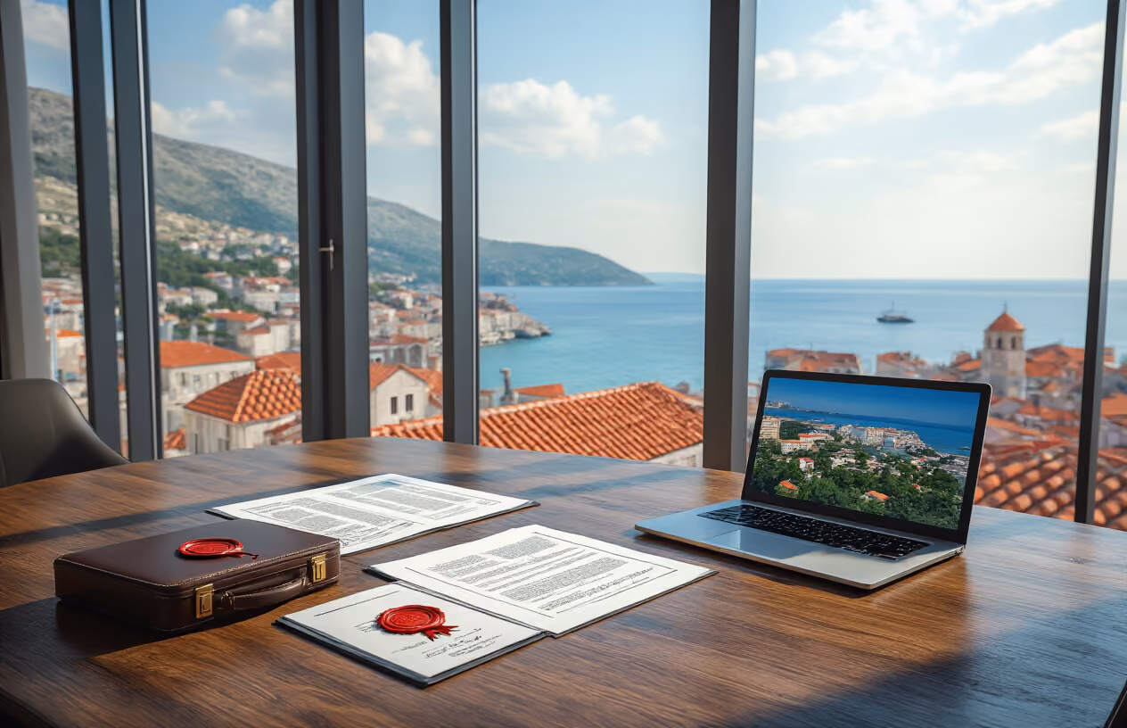 Create a realistic image of a modern law office conference room with a polished wooden table displaying open legal documents, property contracts, and official papers with red wax seals, alongside a laptop showing property listings, with a briefcase containing legal files, set against floor-to-ceiling windows overlooking a scenic Croatian coastal landscape with red-tiled roofs and azure Adriatic Sea, under bright natural lighting that creates a professional and trustworthy atmosphere, absolutely NO text should be in the scene.