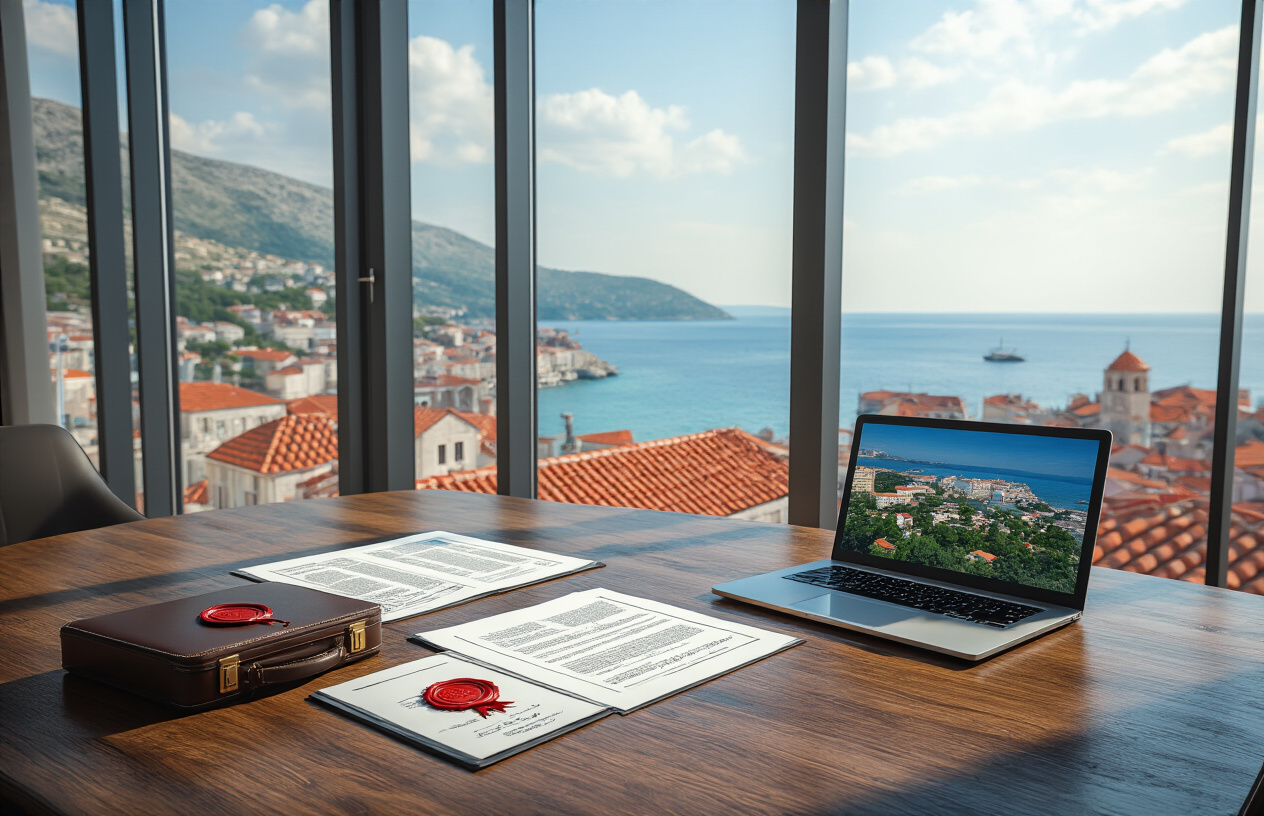 Create a realistic image of a modern law office conference room with a polished wooden table displaying open legal documents, property contracts, and official papers with red wax seals, alongside a laptop showing property listings, with a briefcase containing legal files, set against floor-to-ceiling windows overlooking a scenic Croatian coastal landscape with red-tiled roofs and azure Adriatic Sea, under bright natural lighting that creates a professional and trustworthy atmosphere, absolutely NO text should be in the scene.