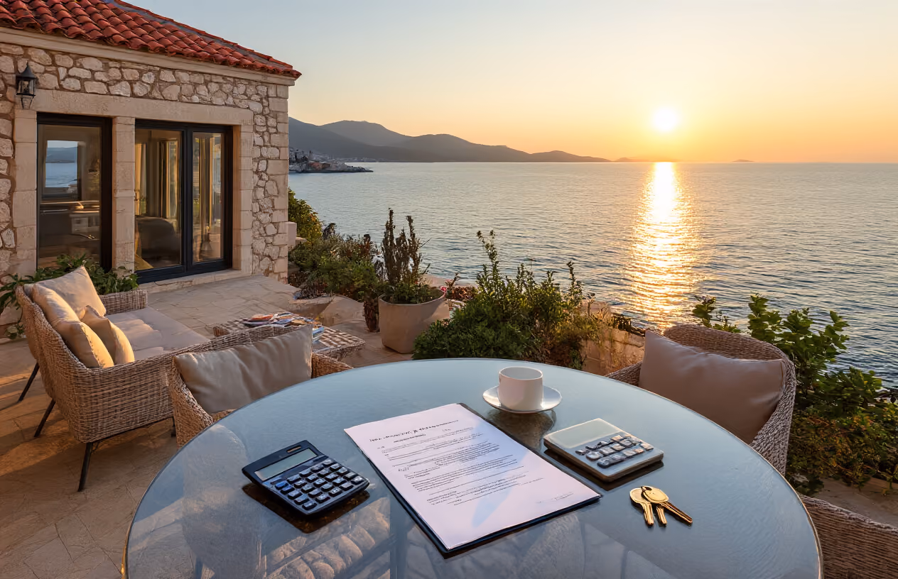 Create a realistic image of a luxurious Croatian coastal villa with stone facade and red tile roof overlooking the crystal blue Adriatic Sea, with a modern glass table in the foreground displaying financial documents, calculator, and house keys, surrounded by elegant outdoor furniture on a terrace with Mediterranean plants, warm golden hour lighting creating an inviting atmosphere that suggests affordable luxury and smart investment opportunity, absolutely NO text should be in the scene.