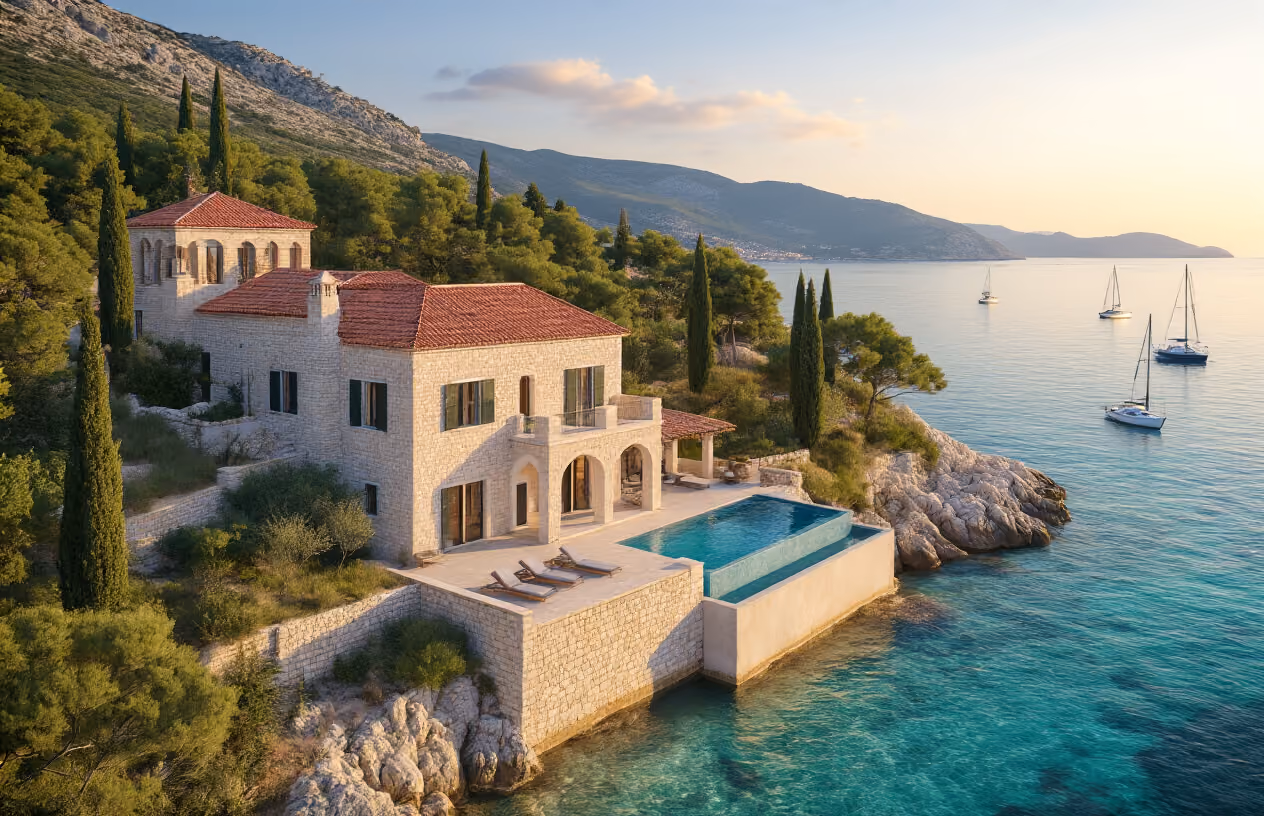Create a realistic image of a stunning Croatian coastal vacation home with traditional Mediterranean architecture featuring terracotta roof tiles and white stone walls, situated on a hillside overlooking the crystal-clear Adriatic Sea, surrounded by lush green vegetation and cypress trees, with a modern infinity pool in the foreground and sailing boats visible in the distant turquoise waters, captured during golden hour lighting that creates warm, inviting shadows and highlights the property's luxurious appeal, absolutely NO text should be in the scene.