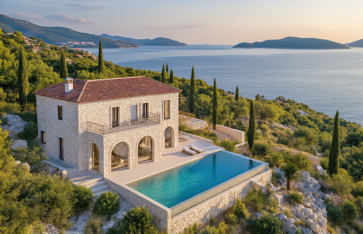 Create a realistic image of a stunning Croatian coastal vacation home with Mediterranean architecture featuring white stone walls and terracotta roof tiles, positioned on a hillside overlooking the crystal-clear turquoise Adriatic Sea, with a modern infinity pool in the foreground, lush green vegetation and cypress trees surrounding the property, golden hour lighting casting warm shadows across the scene, distant Croatian islands visible on the horizon, and a sense of luxury and tranquility that represents successful vacation home investment, absolutely NO text should be in the scene.