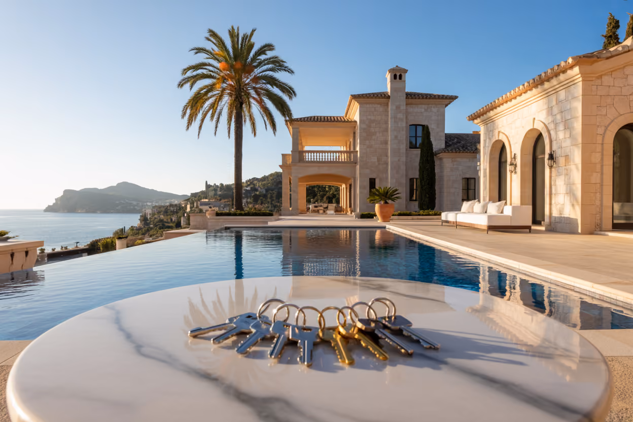 Create a realistic image of a stunning luxury Mediterranean villa with white stone walls, terracotta roof tiles, and infinity pool overlooking the crystal blue ocean in Mallorca, featuring elegant terraces with palm trees and manicured gardens, captured during golden hour with warm sunlight illuminating the property's architectural details, while multiple sets of keys are prominently displayed on a polished marble table in the foreground symbolizing shared ownership, with the Balearic coastline and mountains visible in the background creating an aspirational and exclusive atmosphere. Absolutely NO text should be in the scene.