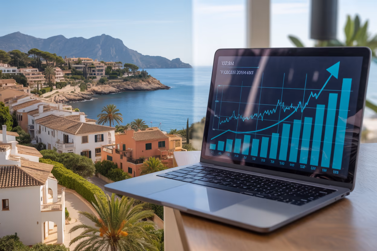 Create a realistic image of a modern split-screen composition showing Mallorca's thriving real estate market with luxury Mediterranean villas and apartments on the left side featuring terracotta roofs, white walls, and palm trees, while the right side displays a sleek financial dashboard with upward trending graphs and charts on a laptop screen, set against a backdrop of Mallorca's coastline with turquoise waters and mountains, bright daylight lighting creating an optimistic and prosperous atmosphere, absolutely NO text should be in the scene.