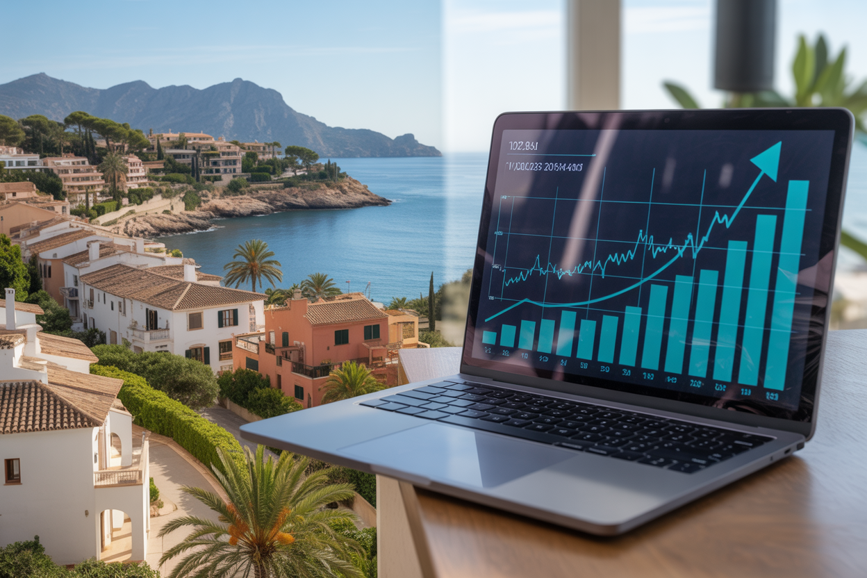 Create a realistic image of a modern split-screen composition showing Mallorca's thriving real estate market with luxury Mediterranean villas and apartments on the left side featuring terracotta roofs, white walls, and palm trees, while the right side displays a sleek financial dashboard with upward trending graphs and charts on a laptop screen, set against a backdrop of Mallorca's coastline with turquoise waters and mountains, bright daylight lighting creating an optimistic and prosperous atmosphere, absolutely NO text should be in the scene.