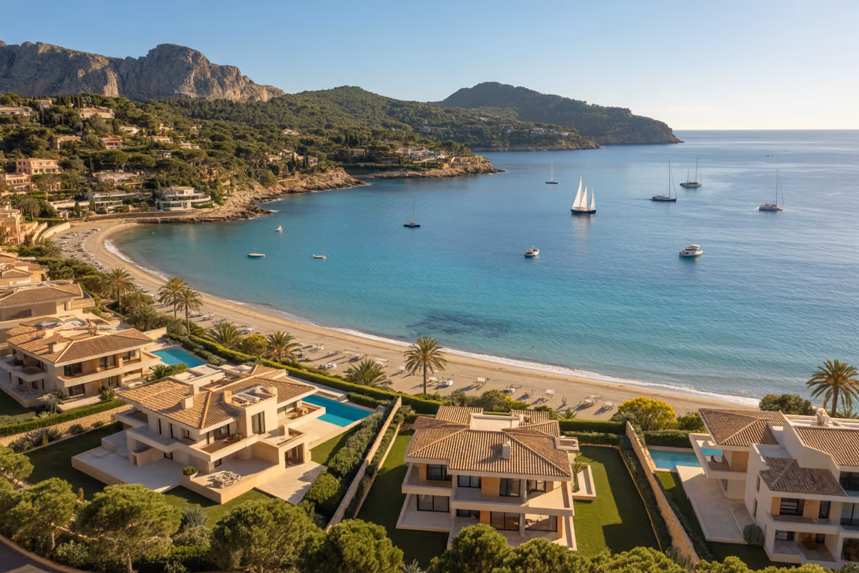 Create a realistic image of a stunning aerial view of Mallorca's coastline showcasing luxurious beachfront villas and upscale residential developments with terracotta roofs nestled between turquoise Mediterranean waters and lush green hills, featuring modern architectural properties with infinity pools, well-manicured gardens, and palm trees, captured during golden hour lighting that highlights the premium real estate investment opportunities, with sailing boats dotting the crystal-clear bay and dramatic cliffs in the background creating an aspirational lifestyle setting. Absolutely NO text should be in the scene.