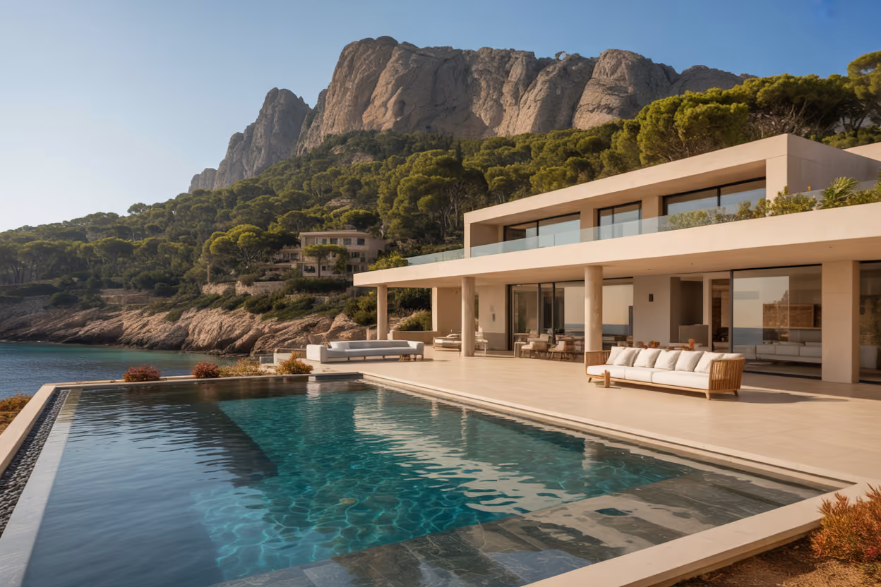 Create a realistic image of a stunning Mediterranean villa with modern architecture overlooking the crystal-clear turquoise waters of Mallorca's coastline, featuring luxury amenities like an infinity pool and elegant terrace, set against dramatic limestone cliffs and lush pine trees, with golden hour lighting casting warm shadows across the property, emphasizing the premium real estate investment opportunity and strategic location advantages of the island, absolutely NO text should be in the scene.
