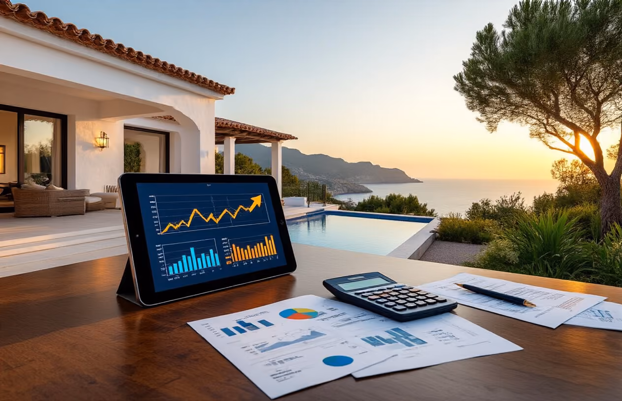 Create a realistic image of a luxurious Mediterranean villa with white stucco walls and terracotta roof tiles set against the backdrop of Mallorca's coastline, featuring a modern glass tablet displaying colorful property market charts and graphs with upward trending arrows in the foreground, surrounded by scattered financial documents and a calculator on a polished wooden desk, with the villa's infinity pool and lush landscaped gardens visible through large windows, golden hour lighting casting warm shadows across the scene, creating a professional real estate investment atmosphere. Absolutely NO text should be in the scene.