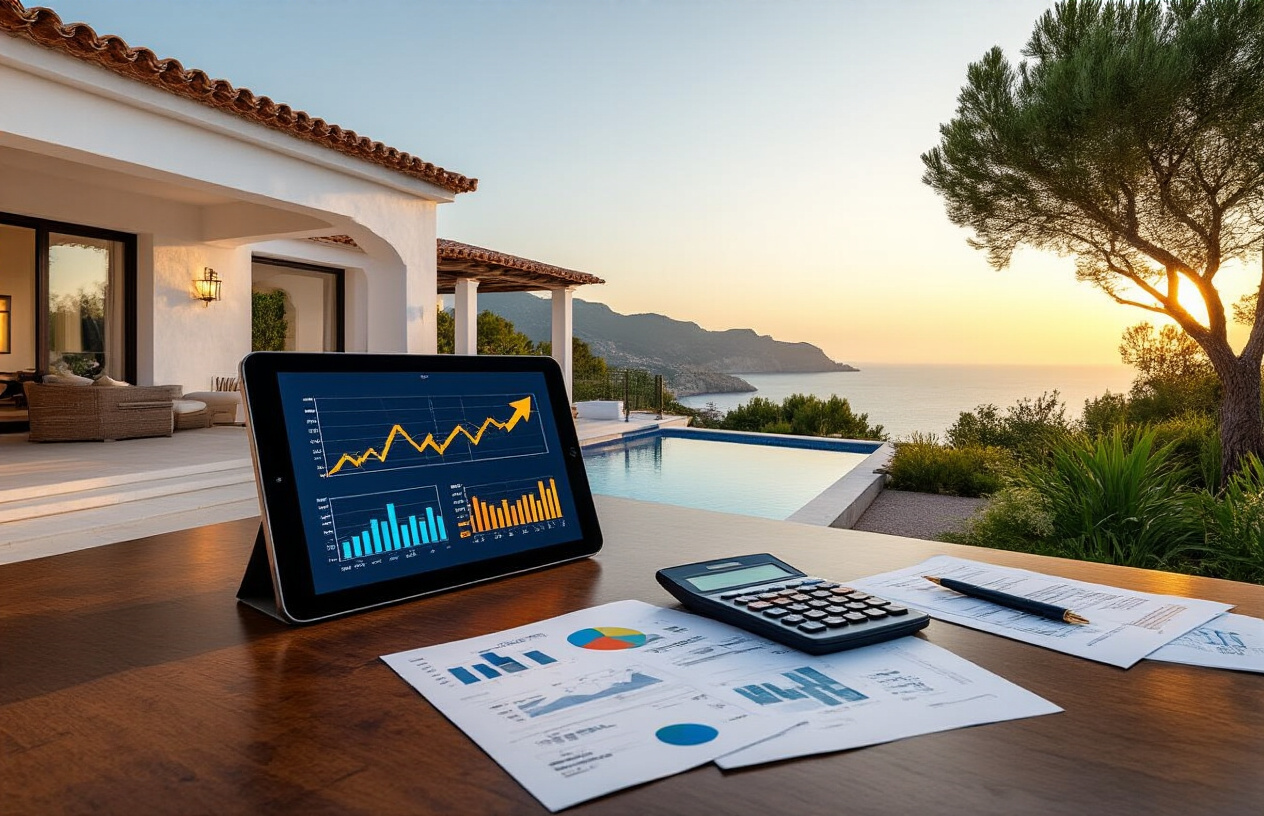 Create a realistic image of a luxurious Mediterranean villa with white stucco walls and terracotta roof tiles set against the backdrop of Mallorca's coastline, featuring a modern glass tablet displaying colorful property market charts and graphs with upward trending arrows in the foreground, surrounded by scattered financial documents and a calculator on a polished wooden desk, with the villa's infinity pool and lush landscaped gardens visible through large windows, golden hour lighting casting warm shadows across the scene, creating a professional real estate investment atmosphere. Absolutely NO text should be in the scene.