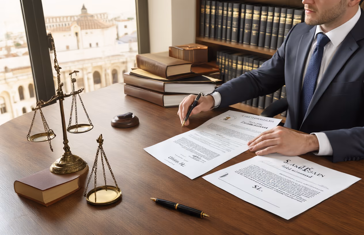 Create a realistic image of a modern Spanish law office conference room with a polished wooden table displaying official legal documents, incorporation papers, and a Spanish S.L. (Sociedad Limitada) company formation certificate, alongside a scale of justice and legal books about Spanish corporate law, with a professional white male lawyer in a dark suit reviewing documents, complemented by a briefcase, fountain pen, and official stamps, set against a backdrop of floor-to-ceiling bookshelves filled with legal volumes and a window showing a glimpse of Mediterranean architecture, captured in warm natural lighting that creates a trustworthy and professional atmosphere. Absolutely NO text should be in the scene.
