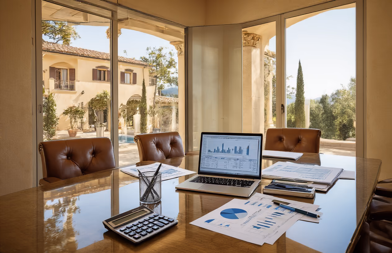 Create a realistic image of a modern glass conference table with financial documents, calculators, and a laptop displaying spreadsheets, featuring a beautiful Mediterranean villa visible through large windows in the background, warm natural lighting streaming in, professional business atmosphere with leather chairs around the table, and mathematical charts showing cost breakdowns scattered on the wooden surface, absolutely NO text should be in the scene.