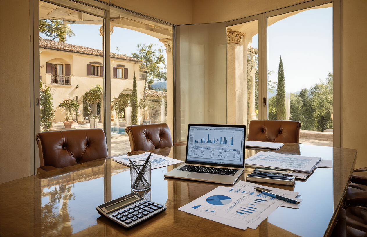 Create a realistic image of a modern glass conference table with financial documents, calculators, and a laptop displaying spreadsheets, featuring a beautiful Mediterranean villa visible through large windows in the background, warm natural lighting streaming in, professional business atmosphere with leather chairs around the table, and mathematical charts showing cost breakdowns scattered on the wooden surface, absolutely NO text should be in the scene.