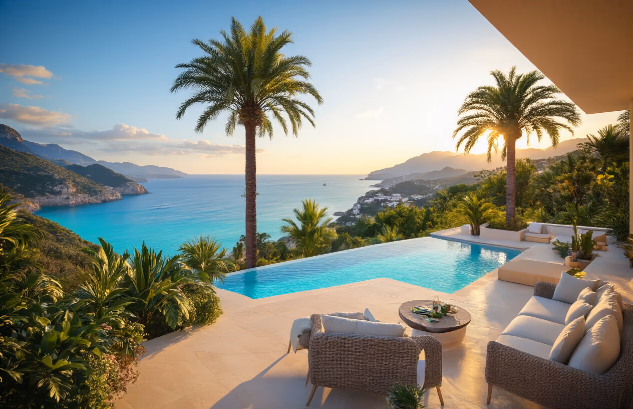 Create a realistic image of a stunning Mediterranean villa terrace in Mallorca with panoramic views of turquoise coastline and mountains, featuring comfortable outdoor furniture, a pristine infinity pool, and lush tropical landscaping, captured during golden hour with warm sunlight filtering through palm trees, conveying luxury and relaxation in a serene vacation setting, absolutely NO text should be in the scene.