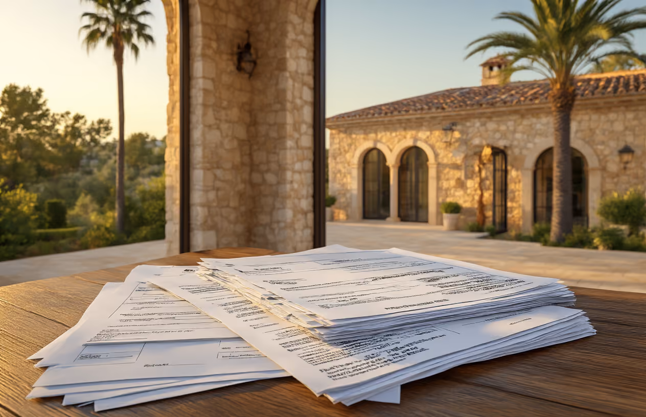 Create a realistic image of a luxurious Mediterranean villa in Mallorca with a stack of official documents, invoices, and bills scattered on a wooden table in the foreground, including property tax statements, maintenance contracts, and utility bills, with the elegant stone villa featuring terracotta roof tiles and palm trees visible through large windows in the background, warm golden hour lighting creating shadows across the paperwork suggesting financial burden and complexity, absolutely NO text should be in the scene.