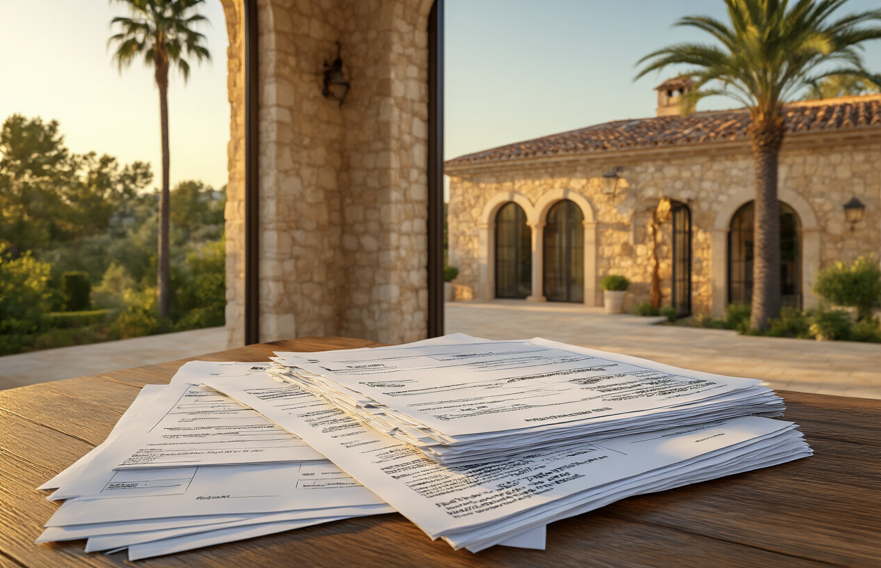 Create a realistic image of a luxurious Mediterranean villa in Mallorca with a stack of official documents, invoices, and bills scattered on a wooden table in the foreground, including property tax statements, maintenance contracts, and utility bills, with the elegant stone villa featuring terracotta roof tiles and palm trees visible through large windows in the background, warm golden hour lighting creating shadows across the paperwork suggesting financial burden and complexity, absolutely NO text should be in the scene.