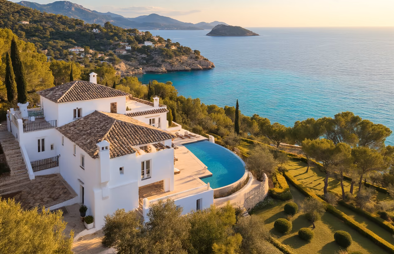 Create a realistic image of a stunning Mediterranean villa with whitewashed walls and terracotta roof tiles perched on a hillside overlooking the crystal-clear turquoise waters of Mallorca's coastline, with golden sunlight casting warm shadows across the property's infinity pool and manicured gardens, pine trees and olive groves dotting the landscape, a sense of luxury and tranquility pervading the scene, shot during golden hour with soft natural lighting that emphasizes the property's premium location and investment appeal, absolutely NO text should be in the scene.