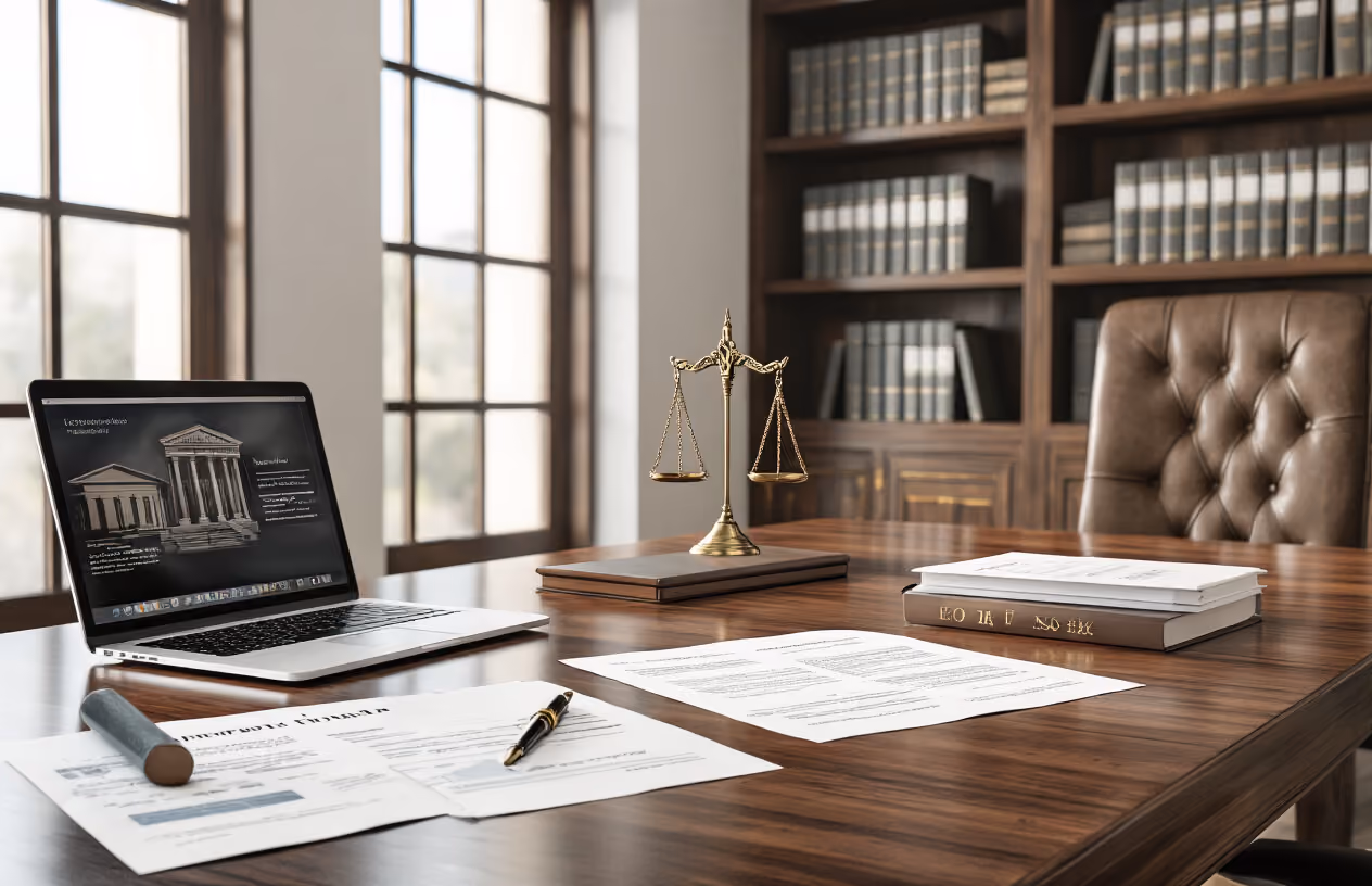 Create a realistic image of a modern law office conference room with legal documents and property contracts spread across a polished wooden table, alongside a laptop displaying property information, with Spanish legal books on shelves in the background, professional folders marked with property documentation, a scale of justice symbol visible on the desk, warm natural lighting from large windows, and a clean, professional atmosphere that conveys legal expertise and property law consultation, absolutely NO text should be in the scene.