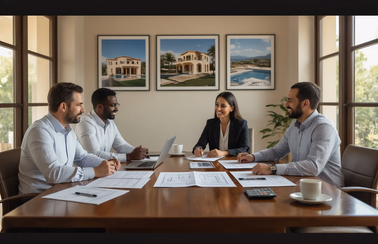 Create a realistic image of a modern real estate office meeting room with a polished wooden conference table displaying property documents, legal contracts, and architectural floor plans spread across its surface, with a white male real estate agent and a diverse group of potential co-owners including a black female and white male client seated around the table engaged in discussion, Mediterranean-style villa photographs and Mallorca property listings mounted on the wall in the background, warm natural lighting streaming through large windows, professional yet welcoming atmosphere suggesting collaborative property investment planning, with laptops, calculators, and coffee cups on the table indicating an active business meeting in progress, absolutely NO text should be in the scene.