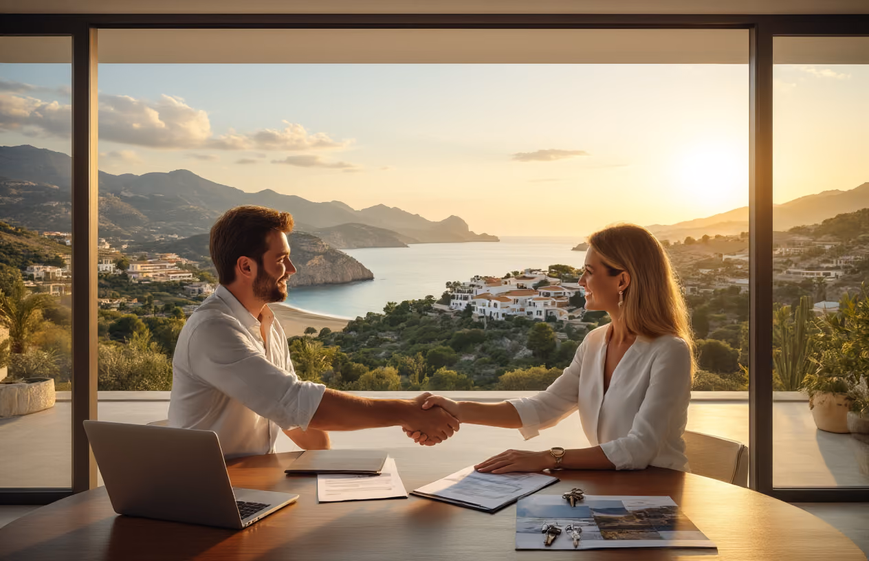Create a realistic image of a stunning panoramic view of Mallorca's coastline featuring luxurious Mediterranean villas and properties scattered across different zones, with a modern real estate office or consultation area in the foreground where two people - a white male and a white female - are shaking hands over completed paperwork on a polished wooden table, surrounded by property brochures, keys, and a laptop, with large windows showcasing the beautiful Balearic landscape of rolling hills, pristine beaches, and upscale developments, captured in warm golden hour lighting that conveys success, partnership, and investment achievement, absolutely NO text should be in the scene.