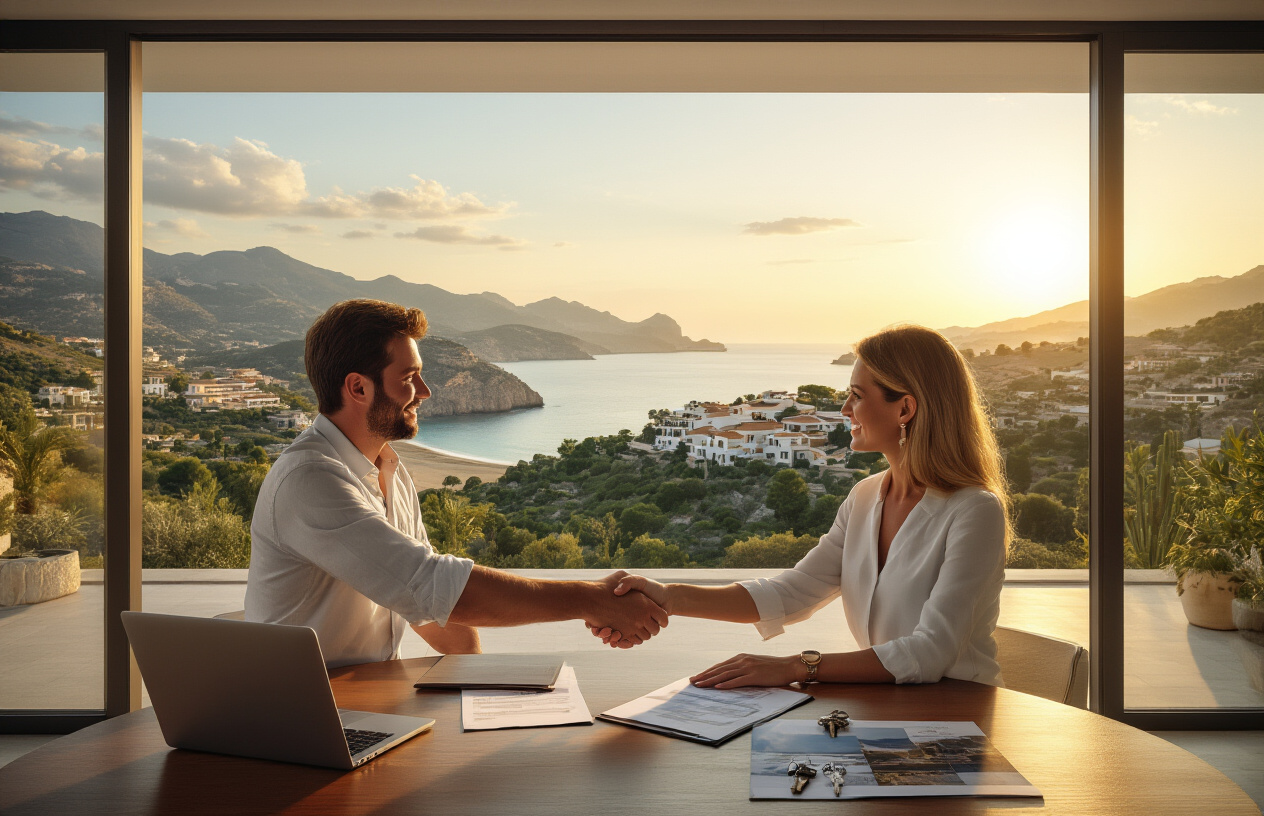 Create a realistic image of a stunning panoramic view of Mallorca's coastline featuring luxurious Mediterranean villas and properties scattered across different zones, with a modern real estate office or consultation area in the foreground where two people - a white male and a white female - are shaking hands over completed paperwork on a polished wooden table, surrounded by property brochures, keys, and a laptop, with large windows showcasing the beautiful Balearic landscape of rolling hills, pristine beaches, and upscale developments, captured in warm golden hour lighting that conveys success, partnership, and investment achievement, absolutely NO text should be in the scene.