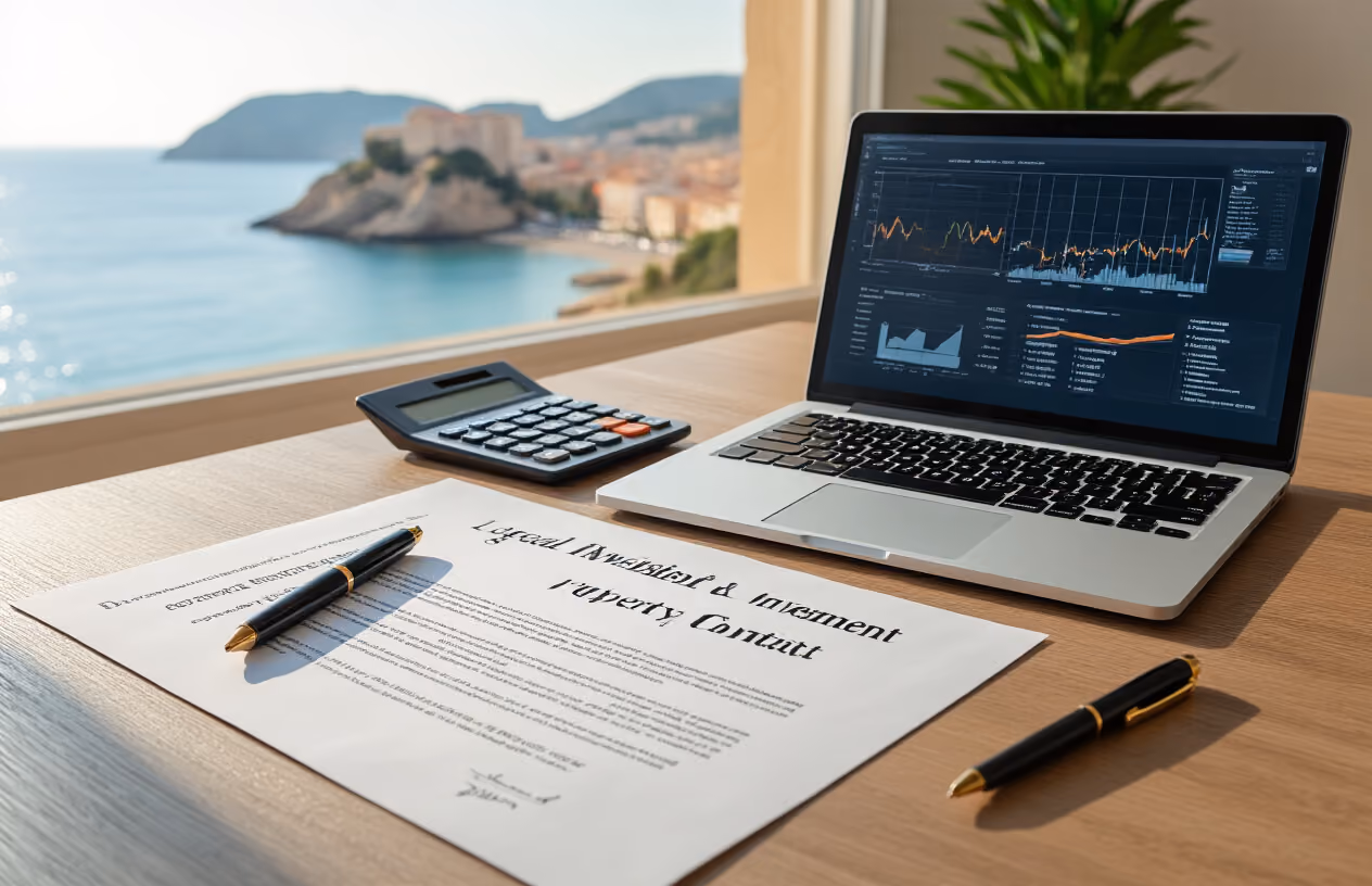 Create a realistic image of a modern office desk with legal documents, property investment contracts, a calculator, and a pen scattered across it, with a laptop displaying property investment charts and graphs, set against a backdrop showing a partial view of Mallorca's Mediterranean coastline through a window, featuring warm natural lighting that creates a professional yet inviting atmosphere for property investment consultation, absolutely NO text should be in the scene.