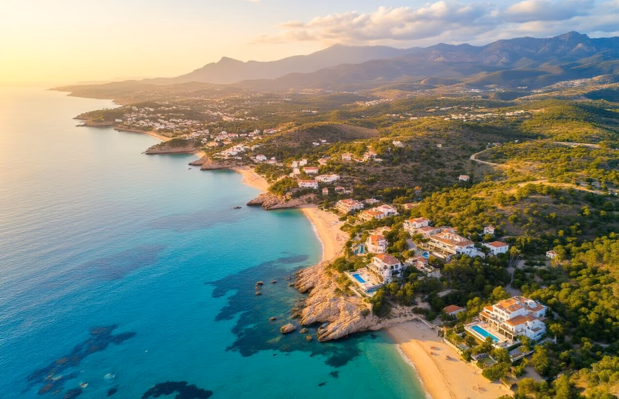 Create a realistic image of an aerial view of Mallorca's coastline showing distinct property zones with luxury villas, beachfront developments, and mountain properties, featuring a Mediterranean landscape with turquoise waters, golden beaches, lush green hills, and scattered white buildings representing different investment opportunities across various districts, captured during golden hour lighting with warm sunlight illuminating the diverse real estate areas, absolutely NO text should be in the scene.
