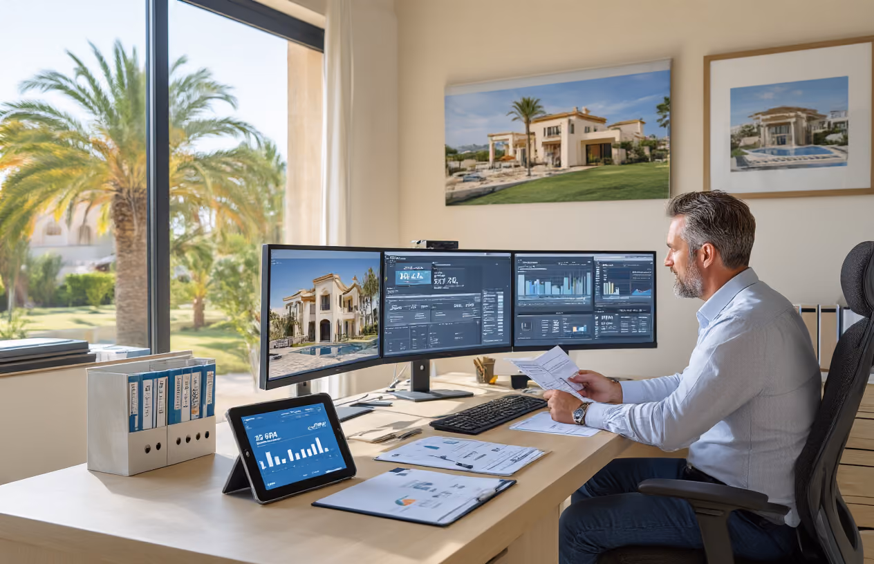Create a realistic image of a modern property management office in Mallorca with a white male property manager in his 40s sitting at a desk reviewing documents and property reports, with multiple computer screens showing property analytics and maintenance schedules, Mediterranean villa photographs displayed on the walls, a tablet showing property optimization charts on the desk, warm natural lighting streaming through large windows with palm trees visible outside, professional and organized atmosphere with filing cabinets and property keys organized on a board, absolutely NO text should be in the scene.