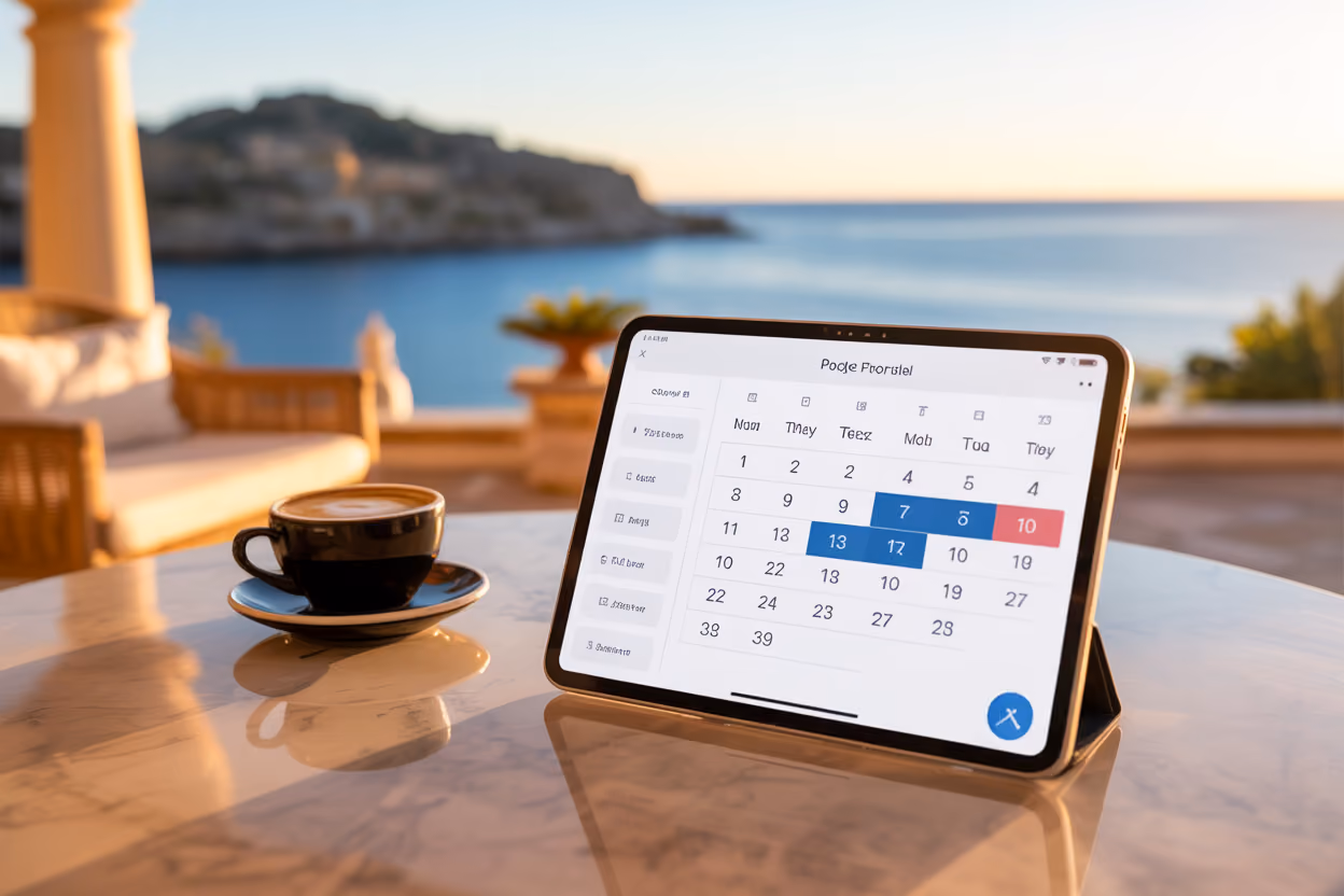 Create a realistic image of a modern smartphone or tablet displaying a sleek property booking app interface with a calendar view showing selected dates highlighted throughout the year, placed on a marble surface next to a cup of coffee, with a blurred background of a luxurious Mediterranean villa terrace overlooking the blue waters of Mallorca, warm golden hour lighting creating an aspirational and efficient atmosphere, absolutely NO text should be in the scene.