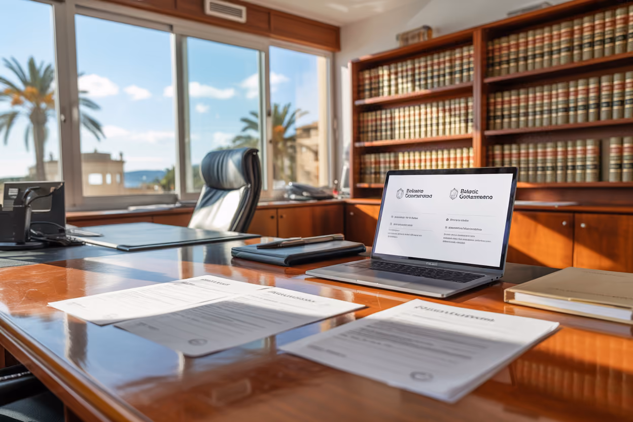 Create a realistic image of a modern Spanish law office in Mallorca with legal documents and rental regulation papers spread across a polished wooden desk, a laptop displaying official Balearic government websites, Spanish legal books on shelves in the background, Mediterranean sunlight streaming through large windows revealing palm trees and blue sky outside, professional and organized atmosphere with warm natural lighting, absolutely NO text should be in the scene.