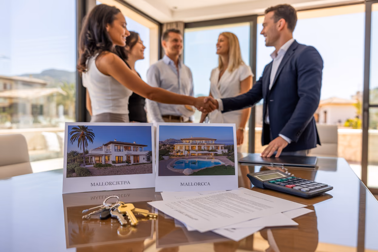 Create a realistic image of a modern real estate office setting with elegant property documents and contracts spread across a polished wooden desk, featuring luxury villa photographs of Mallorca properties in the background, a sophisticated calculator and financial charts showing upward trends, keys to premium properties, and a handshake between a white male real estate agent in a navy suit and a diverse group of potential buyers including a black female and white male client, all surrounded by floor-to-ceiling windows overlooking Mediterranean-style architecture, with warm natural lighting creating a professional and successful atmosphere, absolutely NO text should be in the scene.