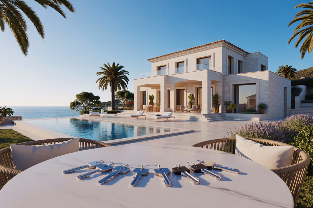 Create a realistic image of a stunning luxury Mediterranean villa in Mallorca with white stone architecture and terracotta roof tiles overlooking the crystal blue Mediterranean Sea, featuring an elegant infinity pool, manicured gardens with palm trees and lavender, a spacious terrace with premium outdoor furniture, golden hour lighting casting warm shadows across the property, representing the concept of shared luxury living with multiple sets of modern keys placed on a sleek marble table in the foreground suggesting co-ownership accessibility, absolutely NO text should be in the scene.