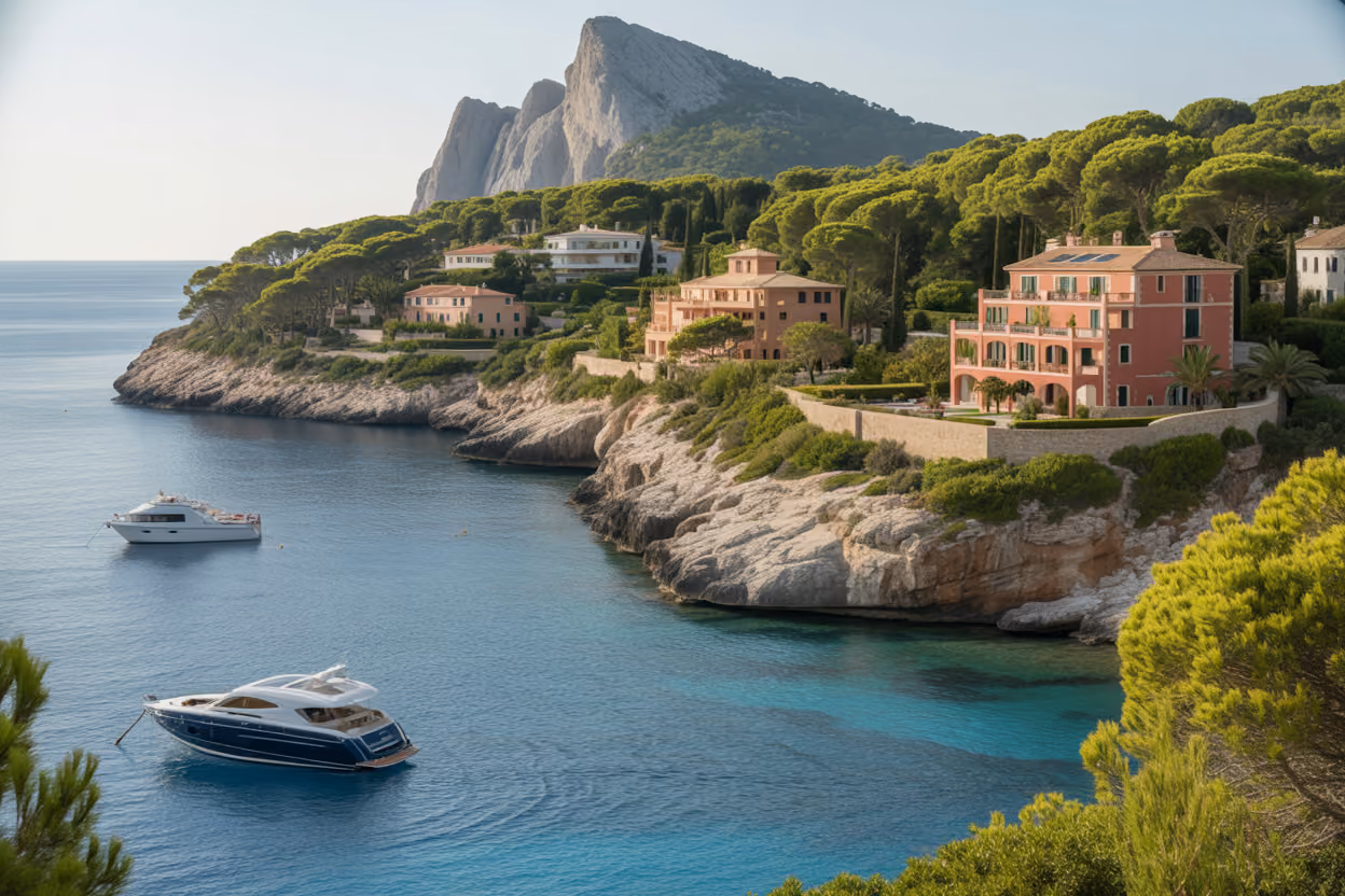 Create a realistic image of a pristine Mediterranean coastline showing luxury waterfront properties and villas nestled among protected pine forests and dramatic cliffs, with crystal clear turquoise waters, traditional Spanish architecture featuring terracotta roofs and white stone walls, lush green vegetation indicating environmental protection, golden hour lighting casting warm shadows across the exclusive residential area, and a serene bay with a few elegant yachts anchored offshore, conveying exclusivity and natural preservation of the Balearic Islands real estate market, absolutely NO text should be in the scene.
