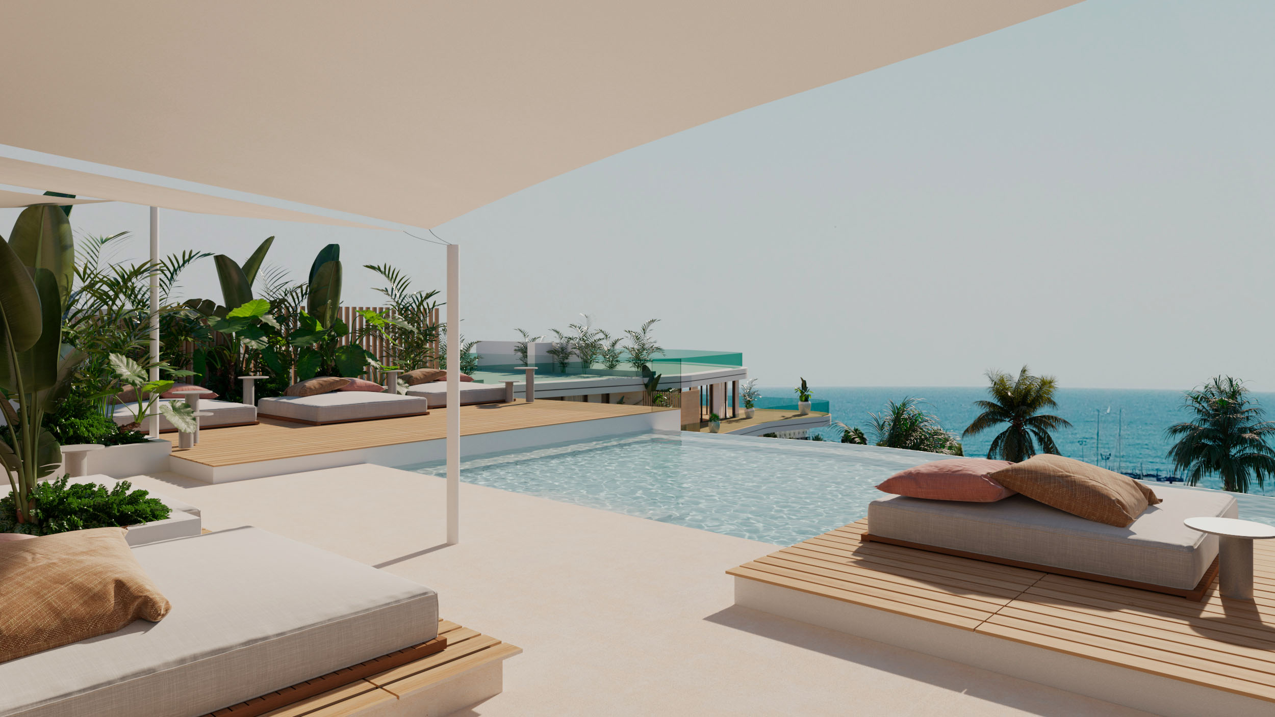 Waves Santa Eulalia terrace apartment with ocean and port views with multiple swimming pools, rooftop terrace