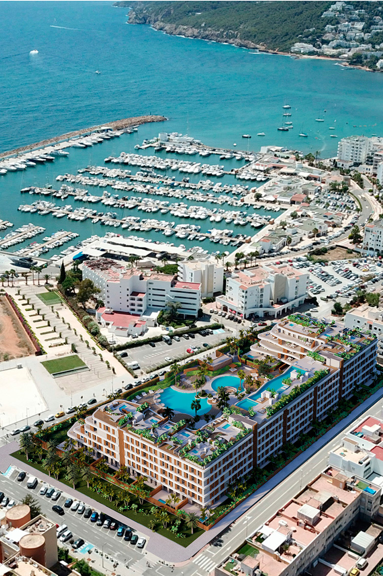Waves Santa Eulalia terrace apartment with ocean and port views with multiple swimming pools, rooftop terrace