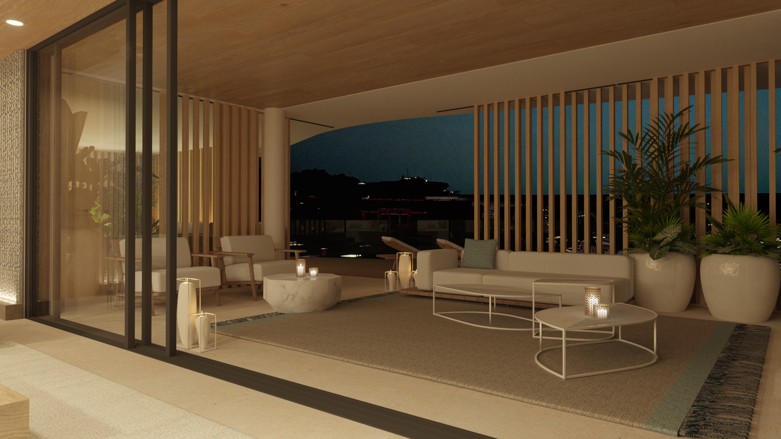 Waves Santa Eulalia terrace apartment with ocean and port views with multiple swimming pools, rooftop terrace