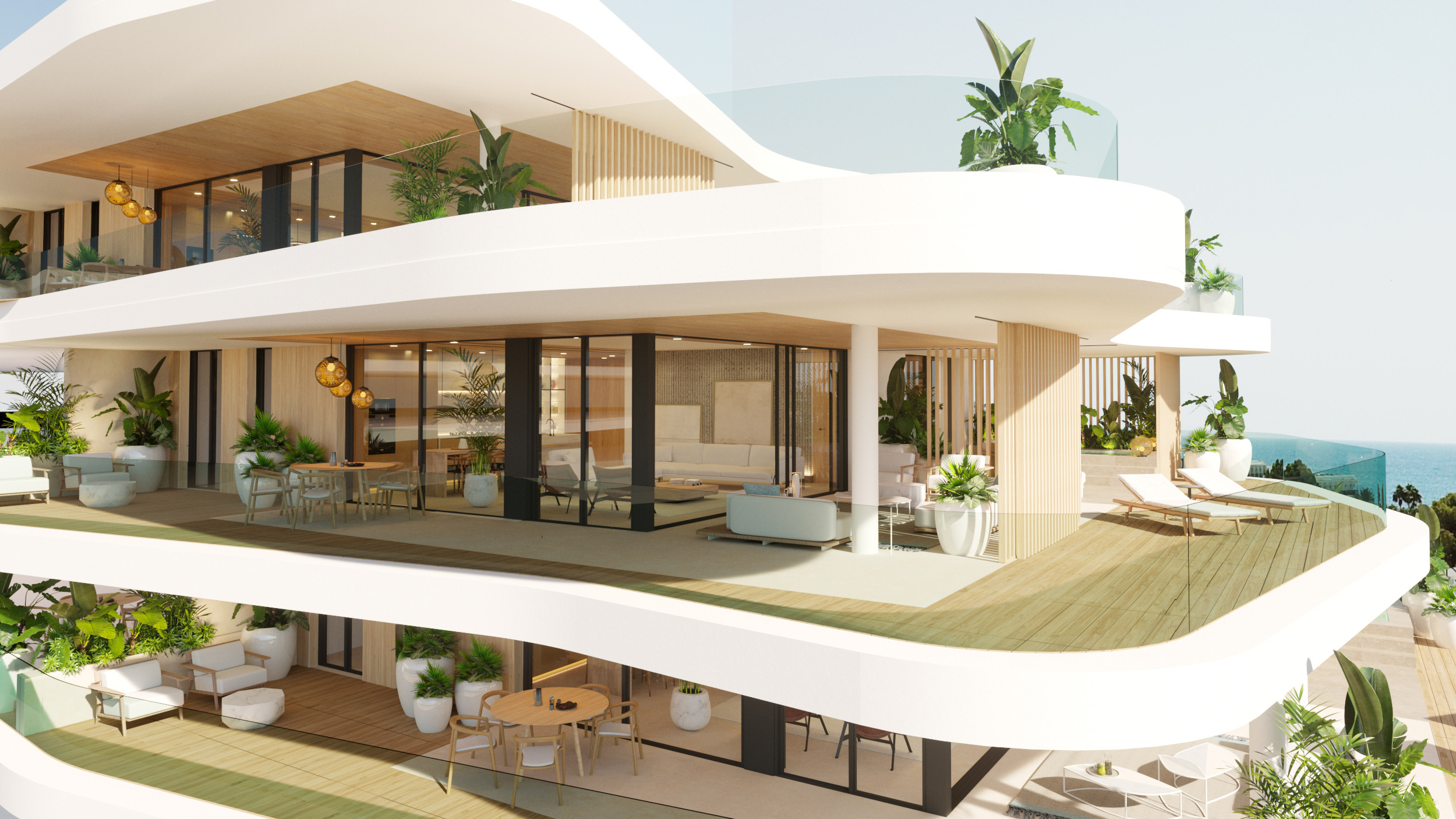 Waves Santa Eulalia terrace apartment with ocean and port views with multiple swimming pools, rooftop terrace