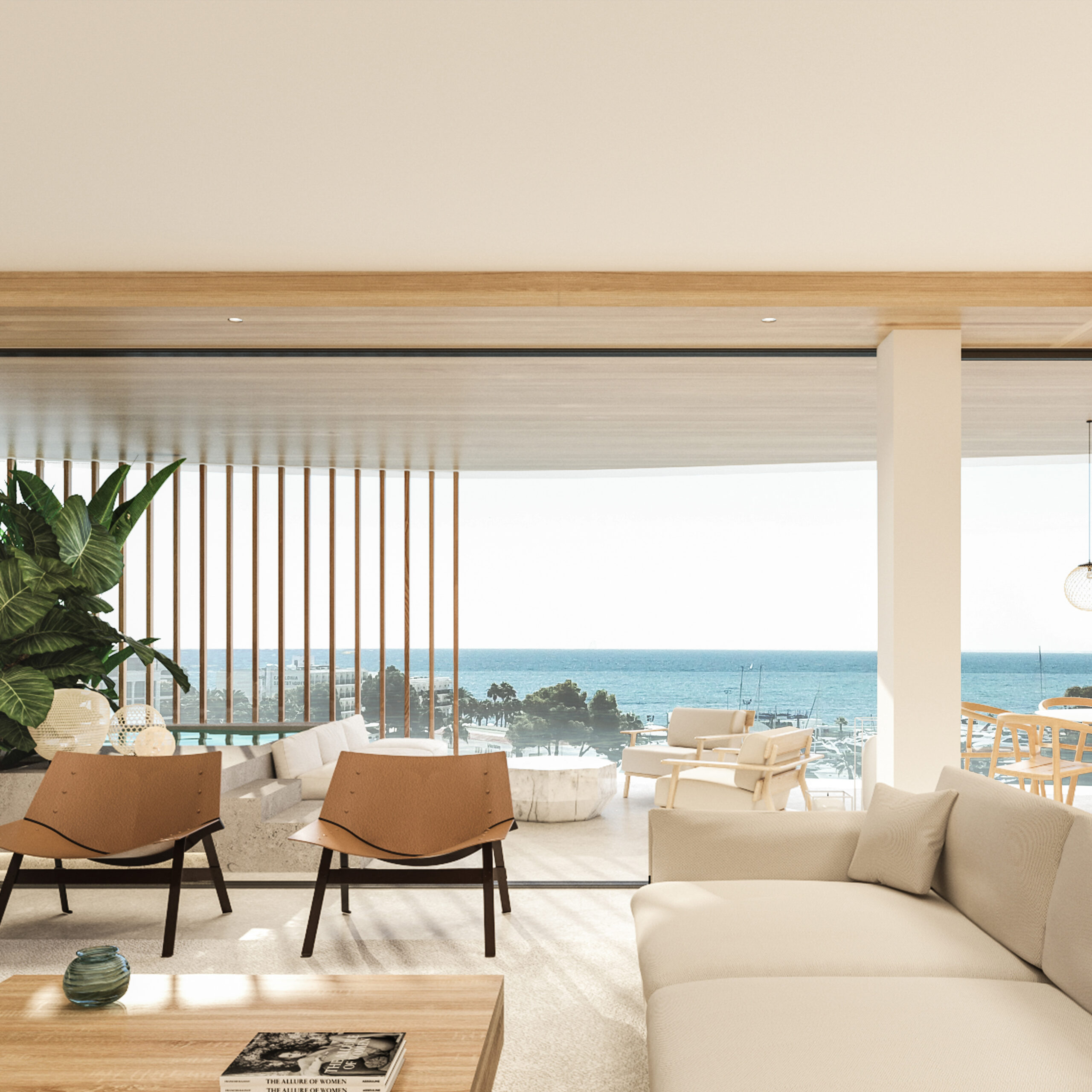 Waves Santa Eulalia terrace apartment with ocean and port views with multiple swimming pools, rooftop terrace