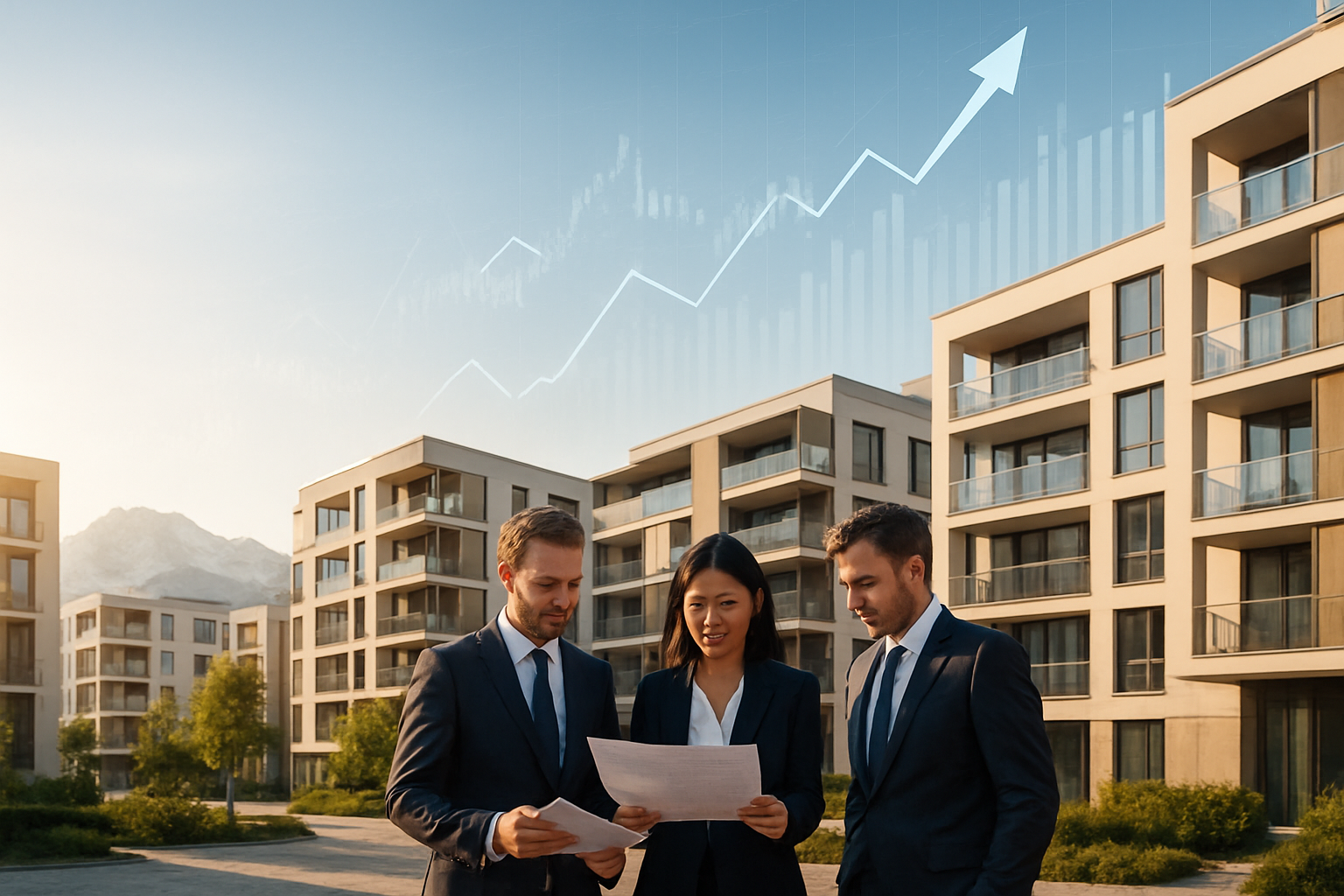 Create a realistic image of a modern Austrian cityscape with elegant residential buildings and luxury apartments showcasing contemporary architecture, featuring upward-trending financial growth charts and investment graphs overlaid transparently in the sky above the buildings, with a bright morning sunlight casting golden light across the scene, including a diverse group of professional investors - white male and Asian female business people in suits - examining property documents while standing in front of a sleek real estate development, with the Austrian Alps visible in the distant background, conveying prosperity and growth in the real estate market, absolutely NO text should be in the scene.
